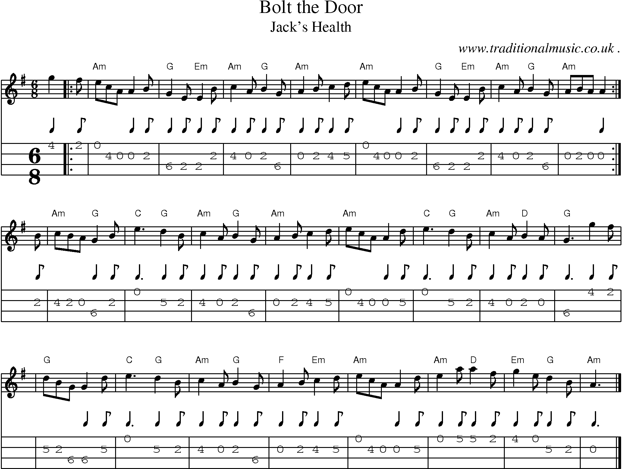 Sheet-music  score, Chords and Mandolin Tabs for Bolt The Door