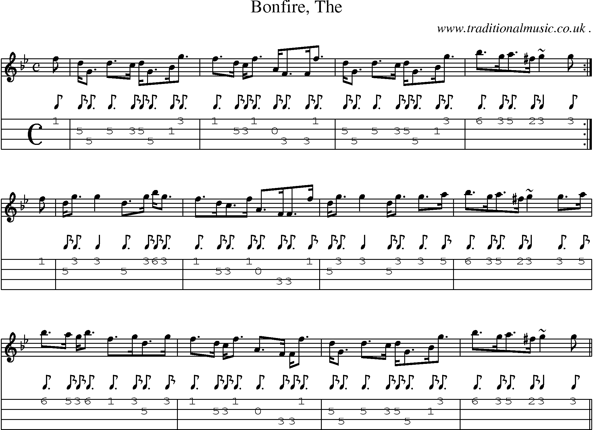 Sheet-music  score, Chords and Mandolin Tabs for Bonfire The