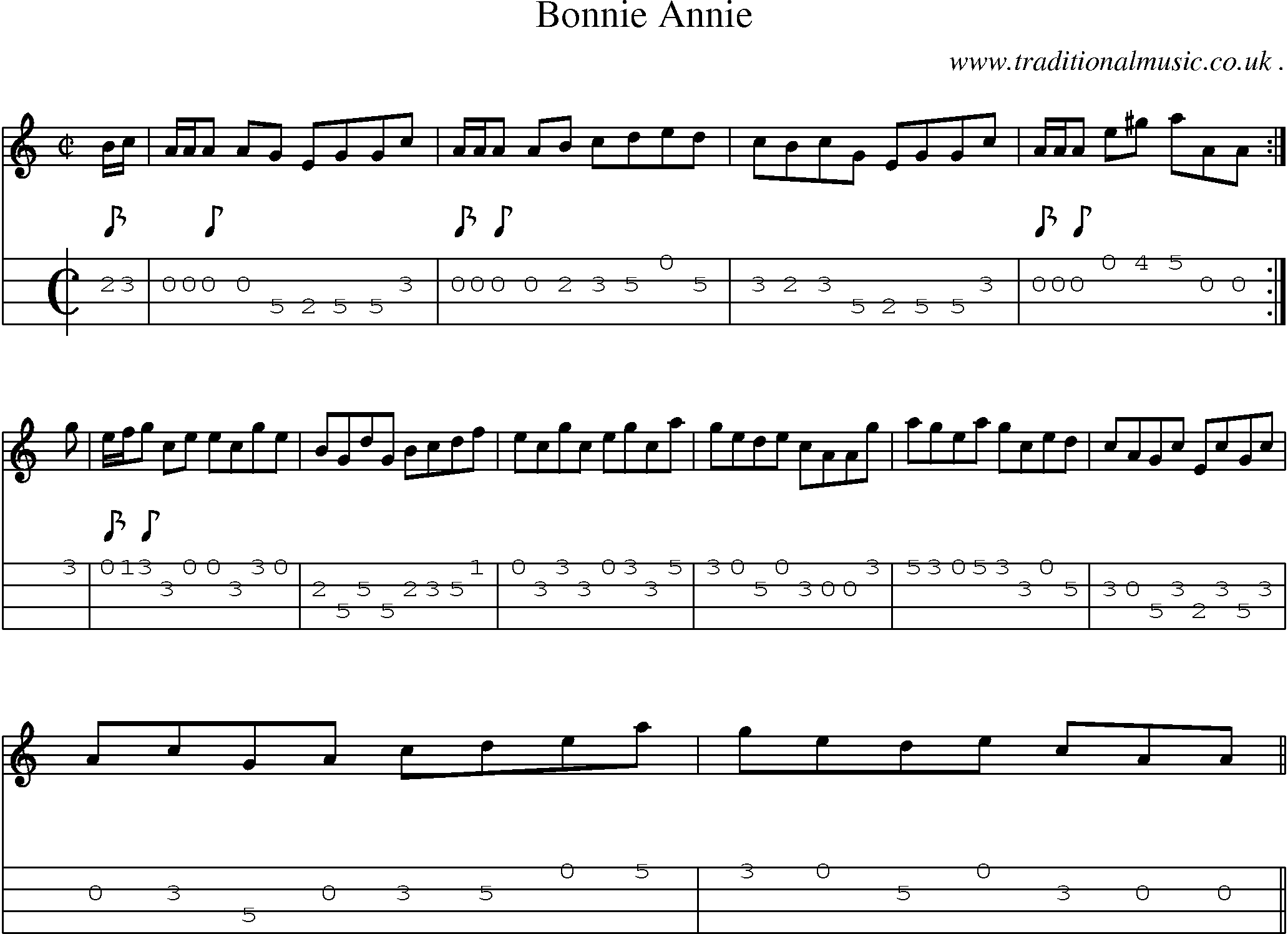 Sheet-music  score, Chords and Mandolin Tabs for Bonnie Annie