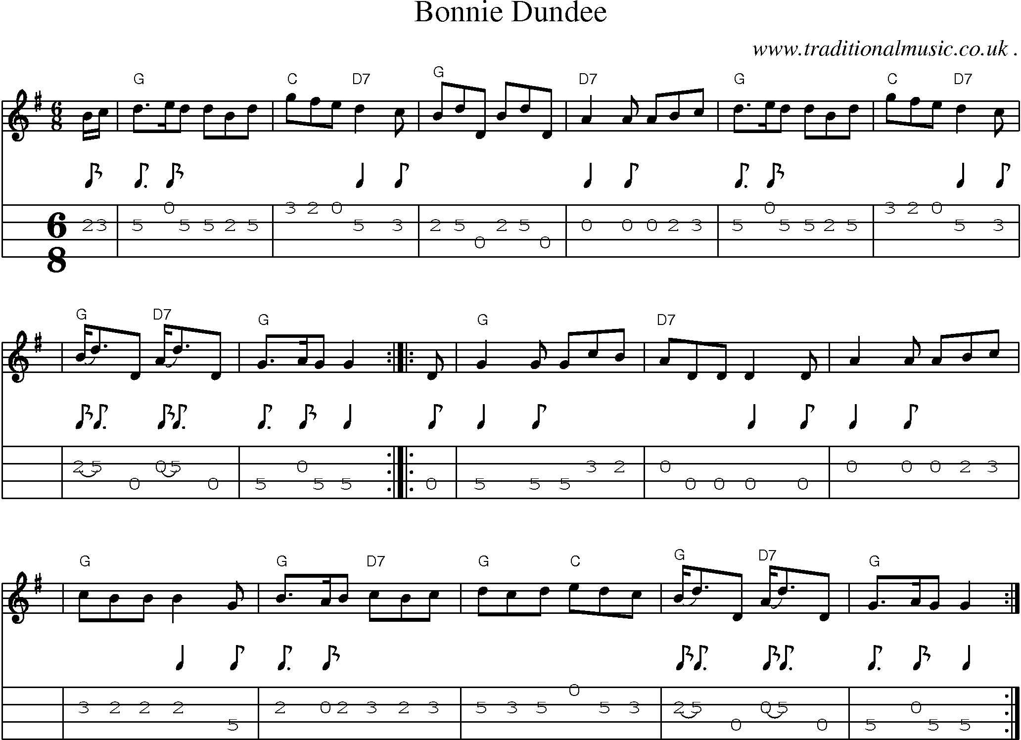 Sheet-music  score, Chords and Mandolin Tabs for Bonnie Dundee