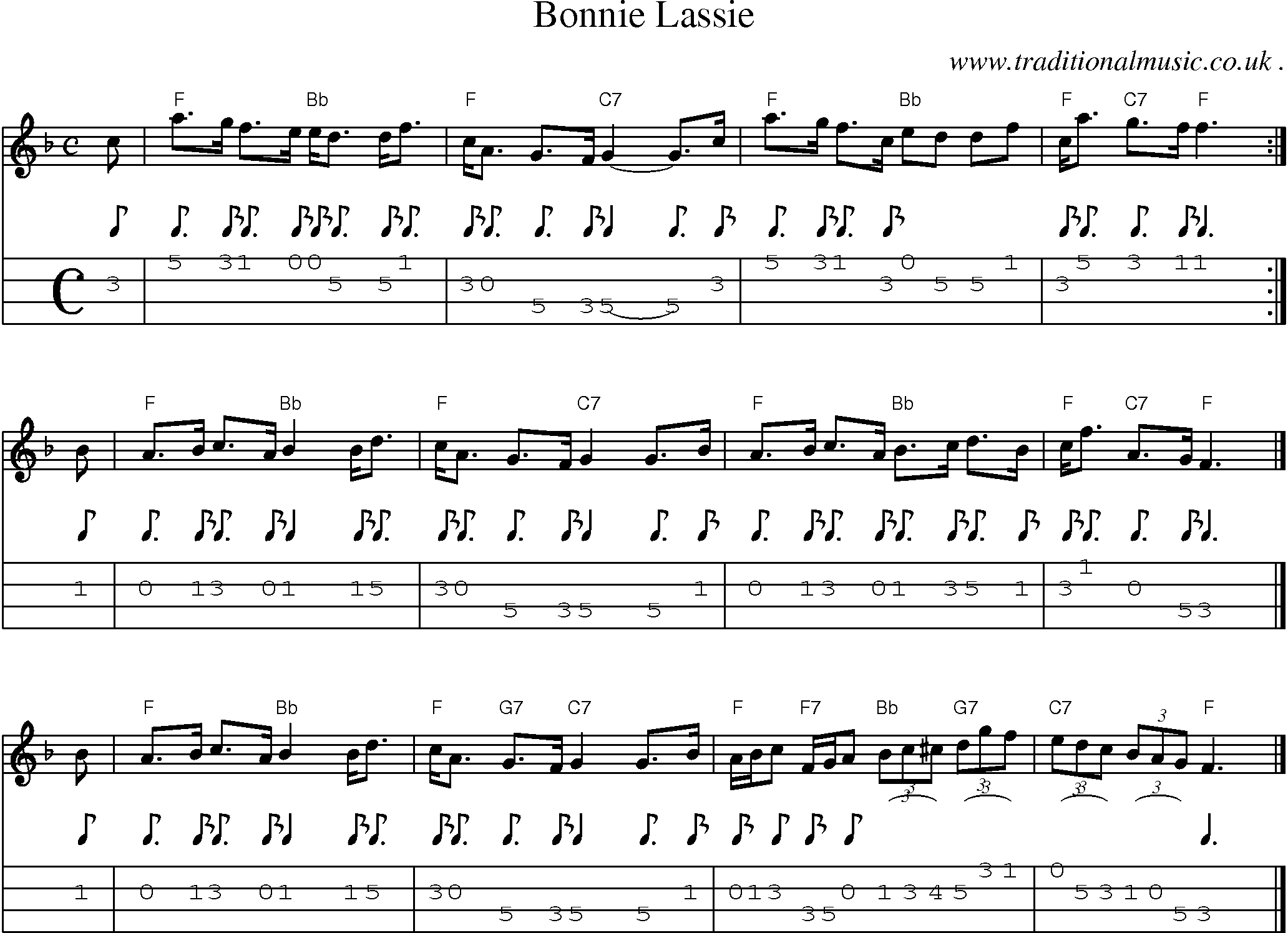 Sheet-music  score, Chords and Mandolin Tabs for Bonnie Lassie