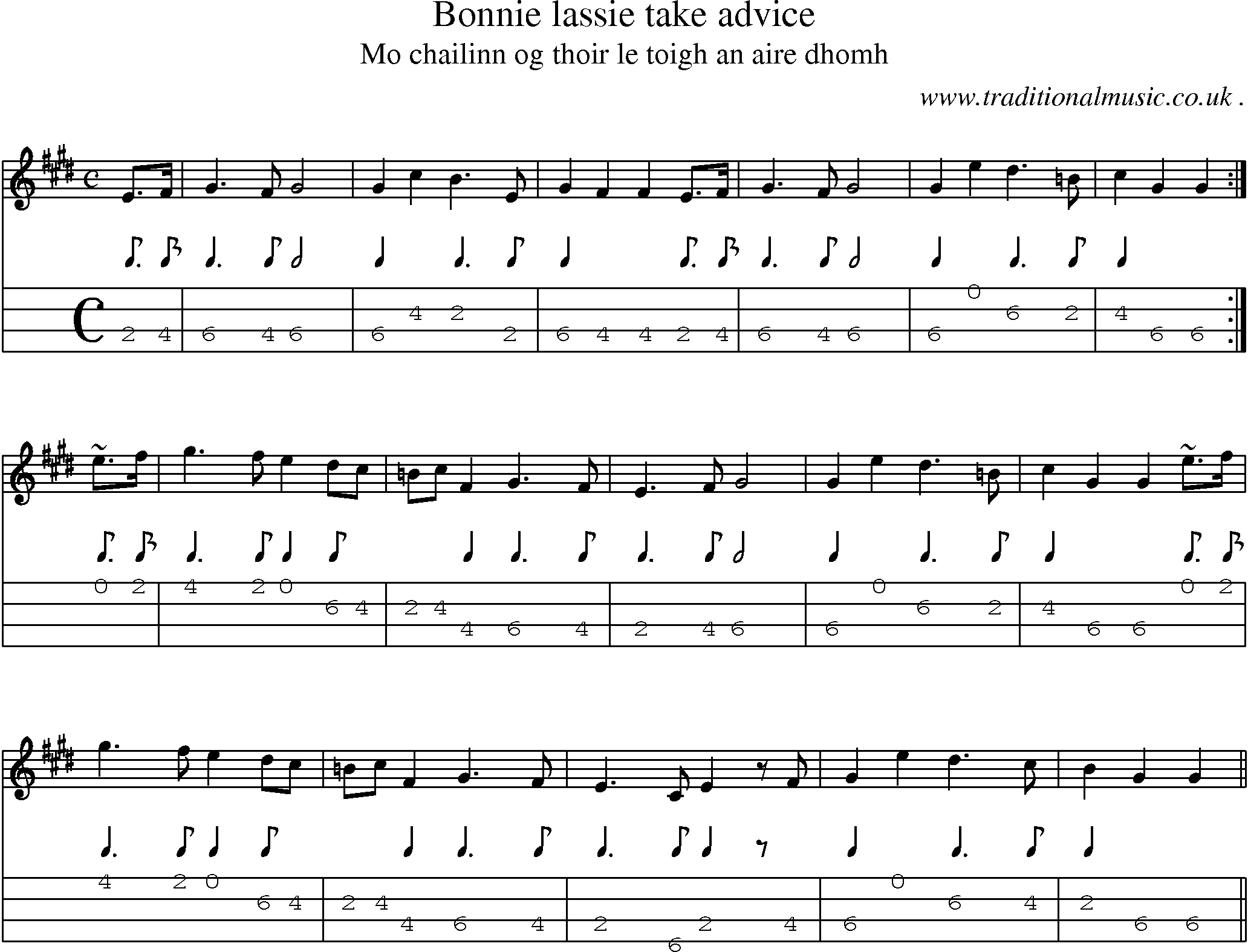 Sheet-music  score, Chords and Mandolin Tabs for Bonnie Lassie Take Advice
