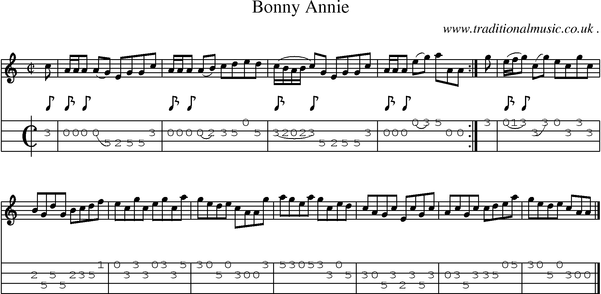 Sheet-music  score, Chords and Mandolin Tabs for Bonny Annie