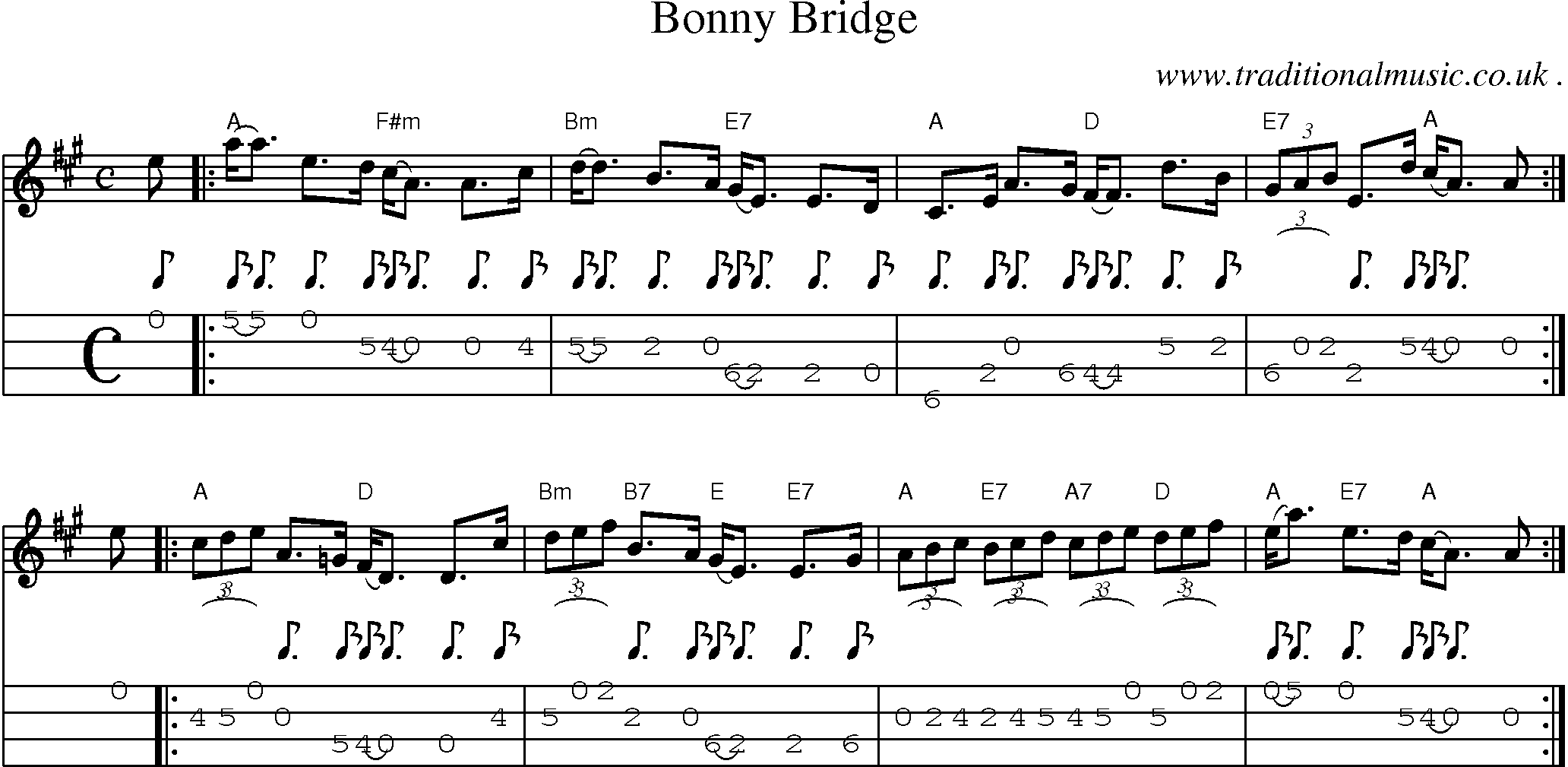 Sheet-music  score, Chords and Mandolin Tabs for Bonny Bridge