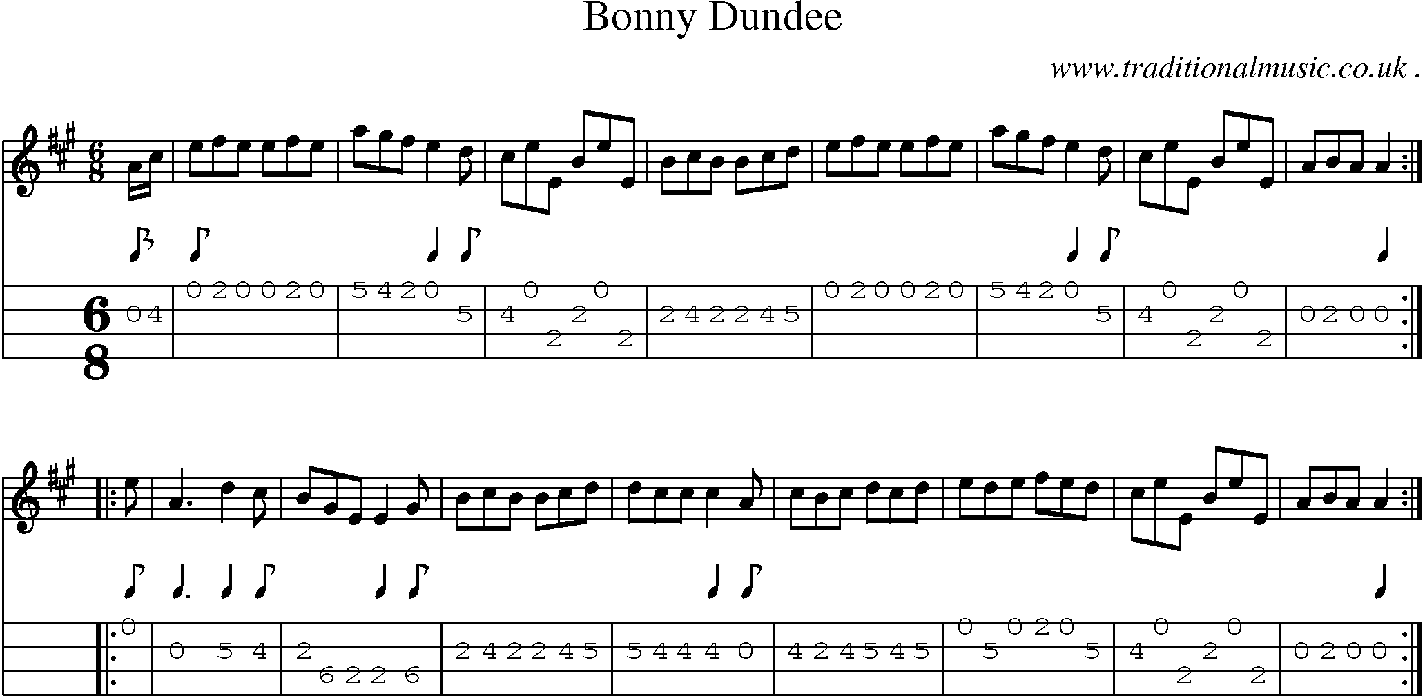 Sheet-music  score, Chords and Mandolin Tabs for Bonny Dundee