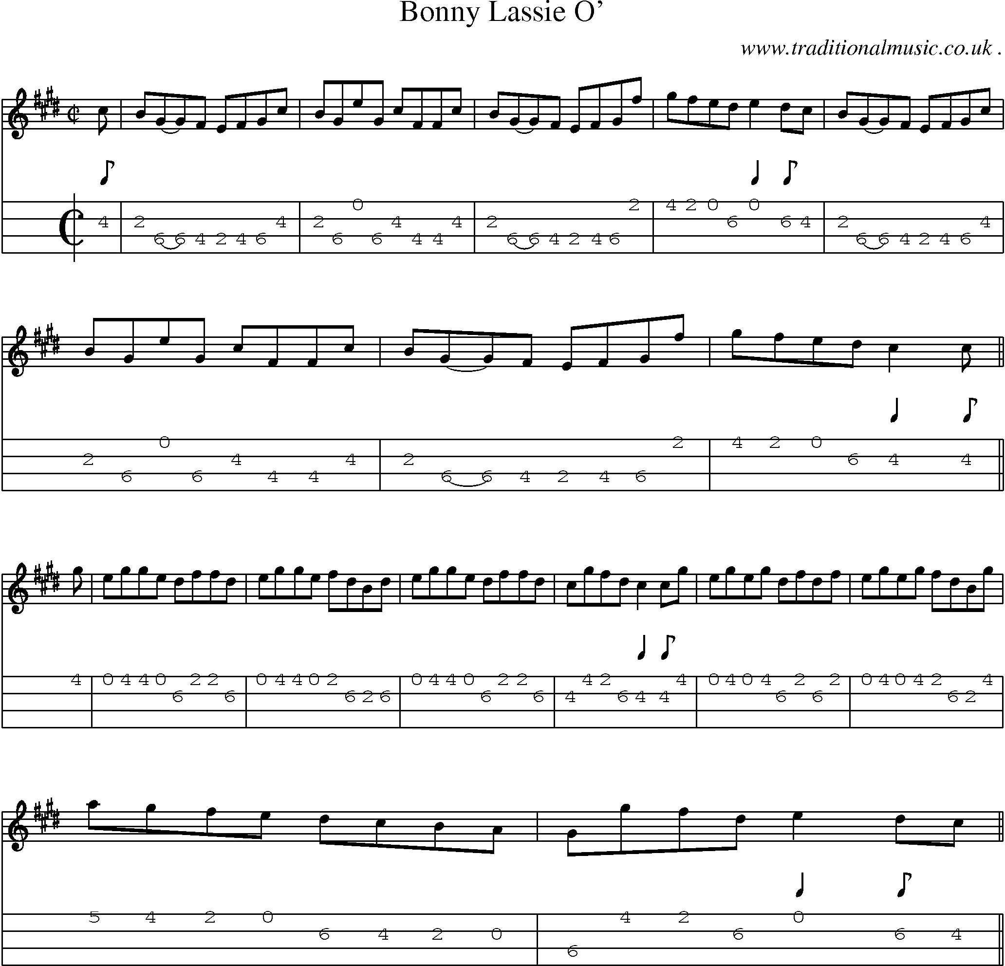 Sheet-music  score, Chords and Mandolin Tabs for Bonny Lassie O