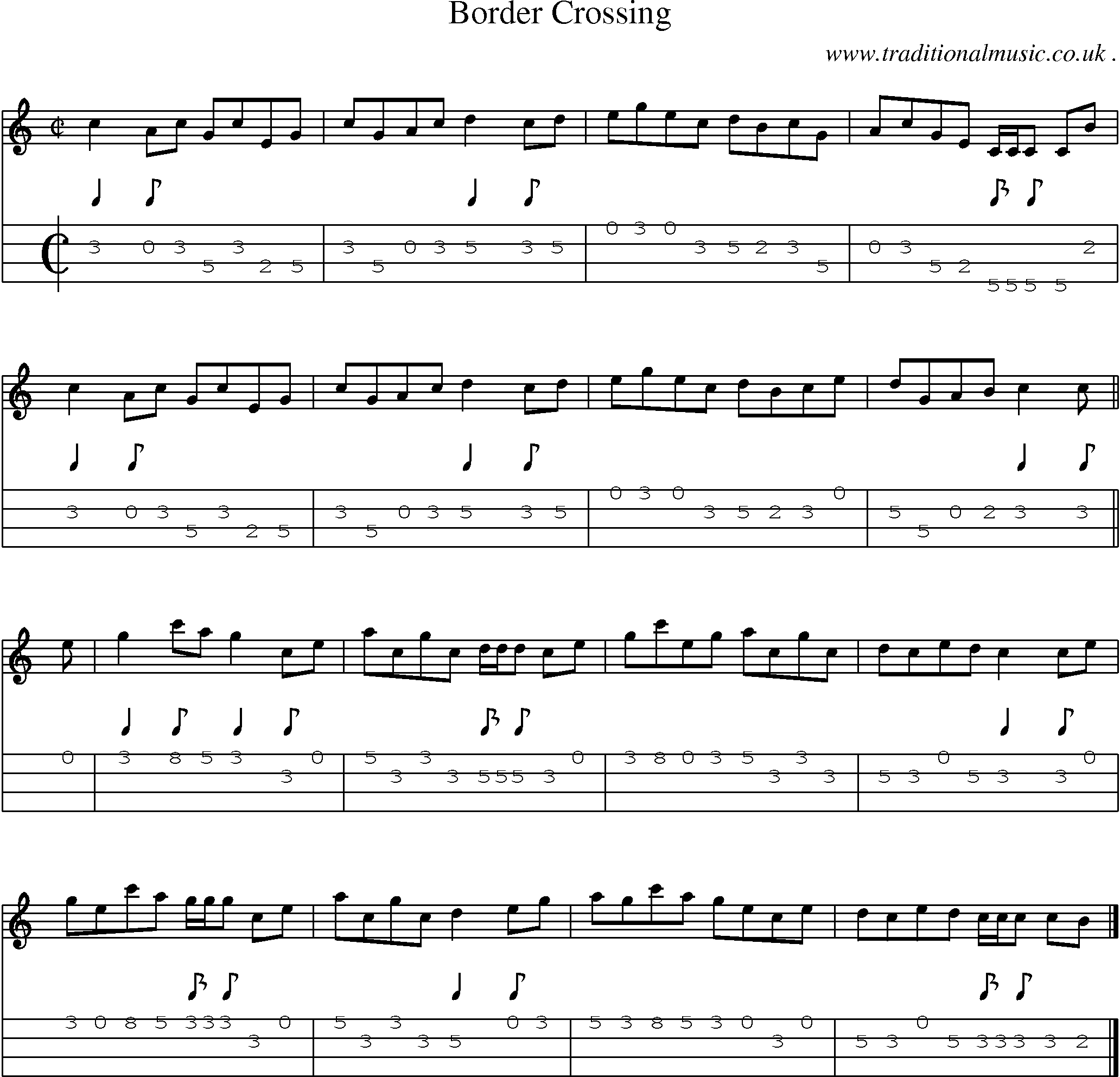 Sheet-music  score, Chords and Mandolin Tabs for Border Crossing