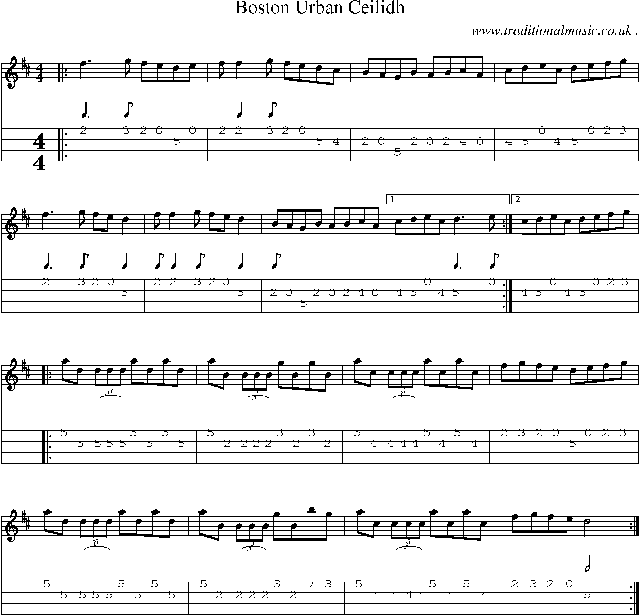 Sheet-music  score, Chords and Mandolin Tabs for Boston Urban Ceilidh