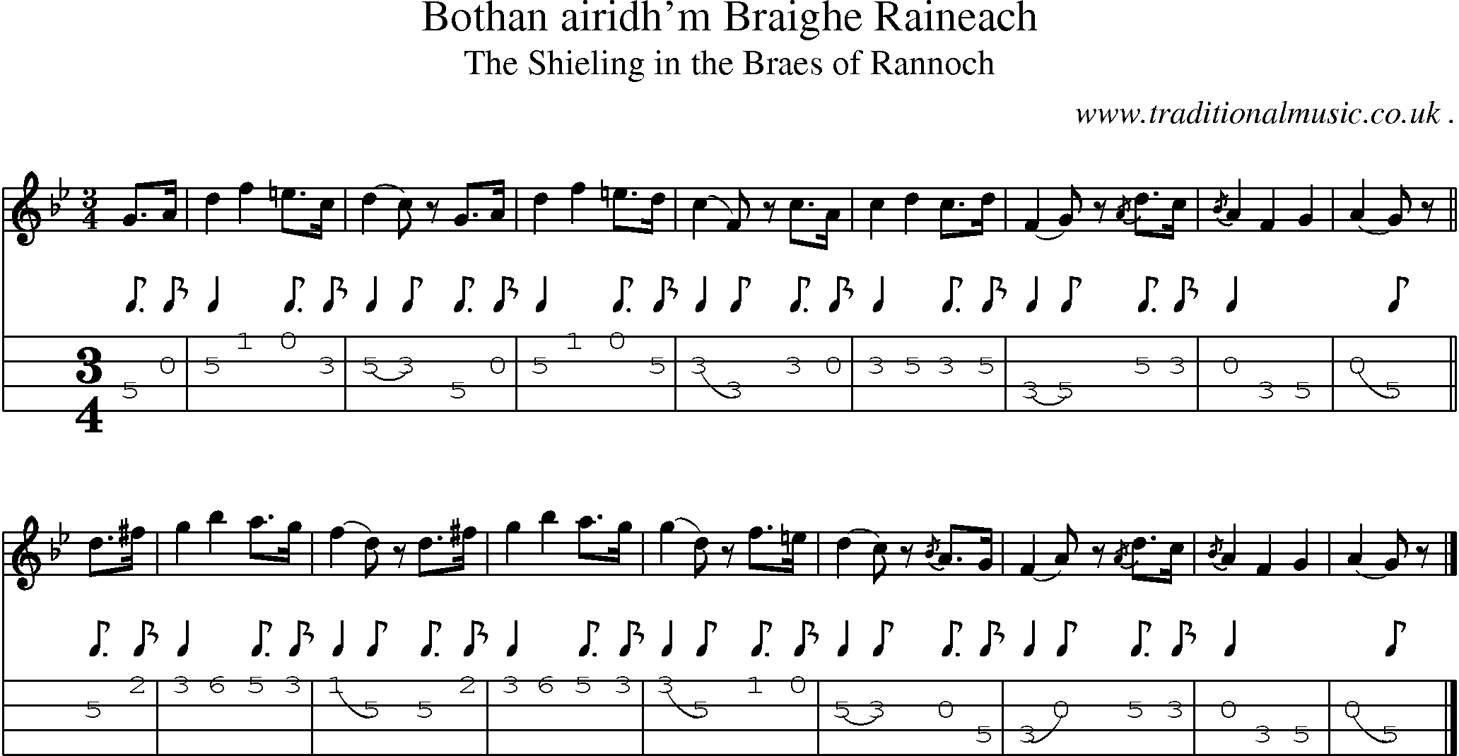 Sheet-music  score, Chords and Mandolin Tabs for Bothan Airidhm Braighe Raineach