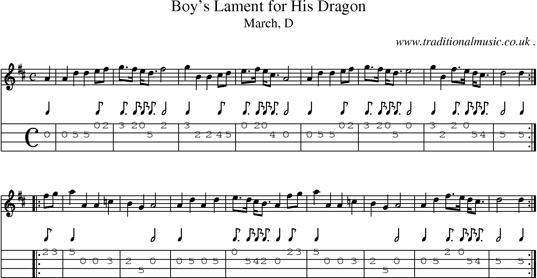 Sheet-music  score, Chords and Mandolin Tabs for Boys Lament For His Dragon