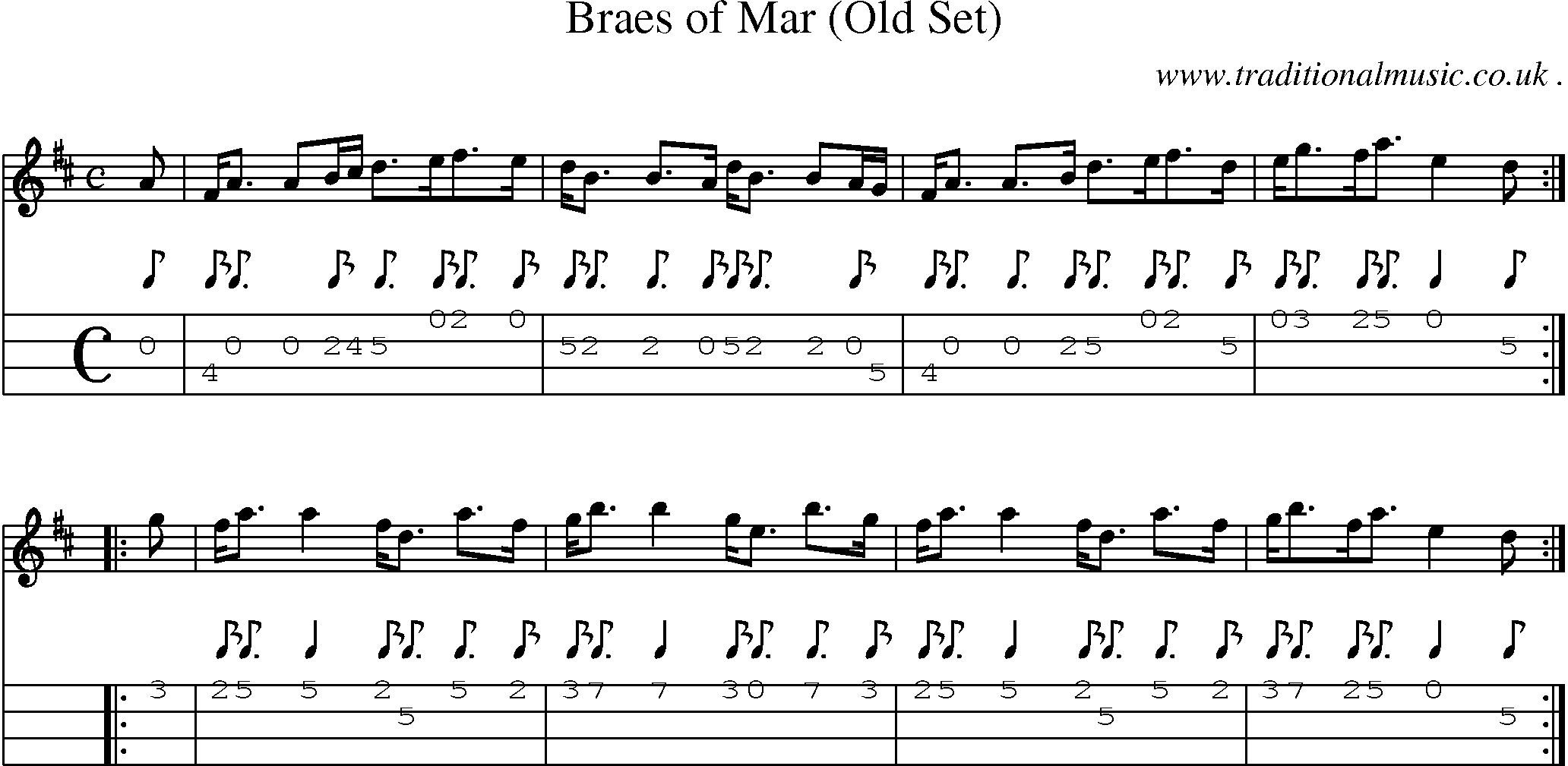 Sheet-music  score, Chords and Mandolin Tabs for Braes Of Mar Old Set