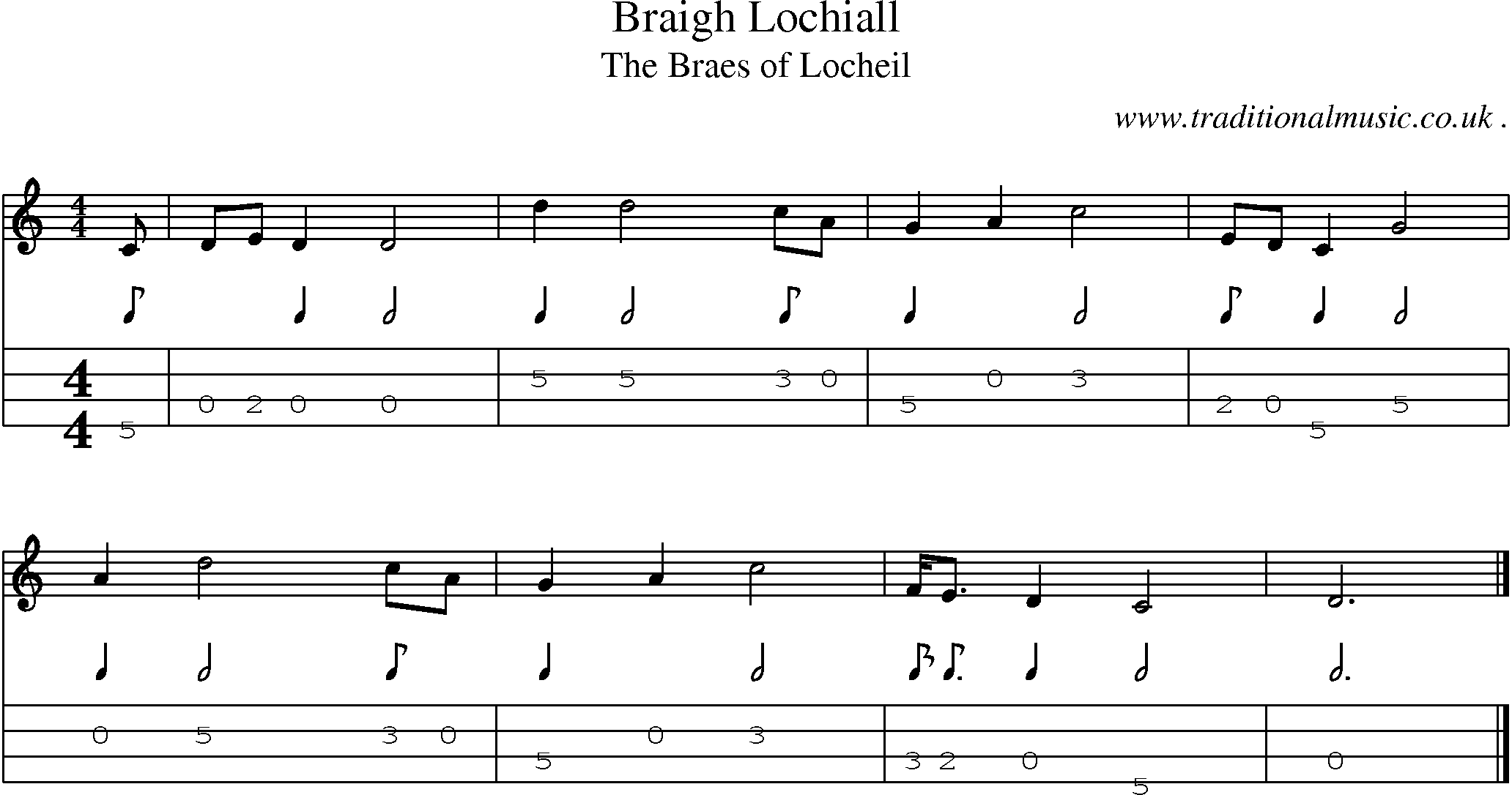 Sheet-music  score, Chords and Mandolin Tabs for Braigh Lochiall
