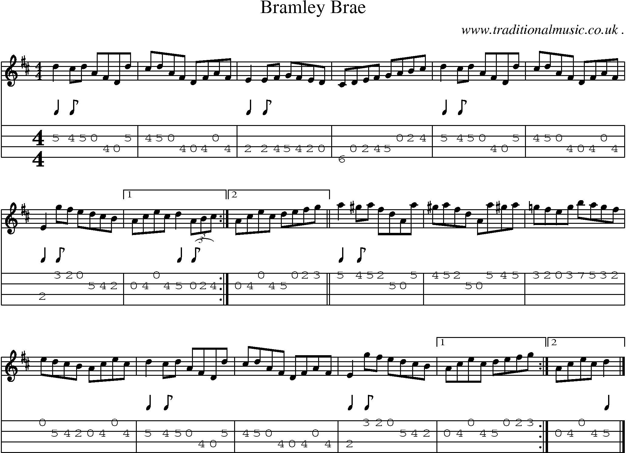 Sheet-music  score, Chords and Mandolin Tabs for Bramley Brae