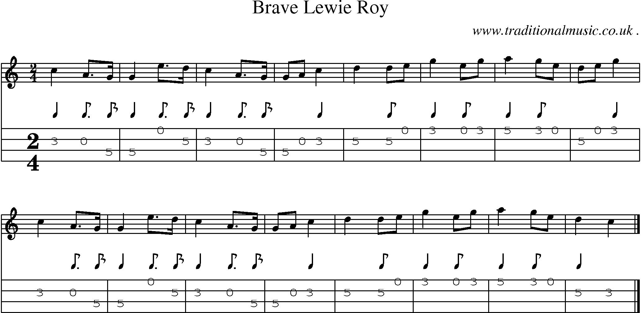 Sheet-music  score, Chords and Mandolin Tabs for Brave Lewie Roy