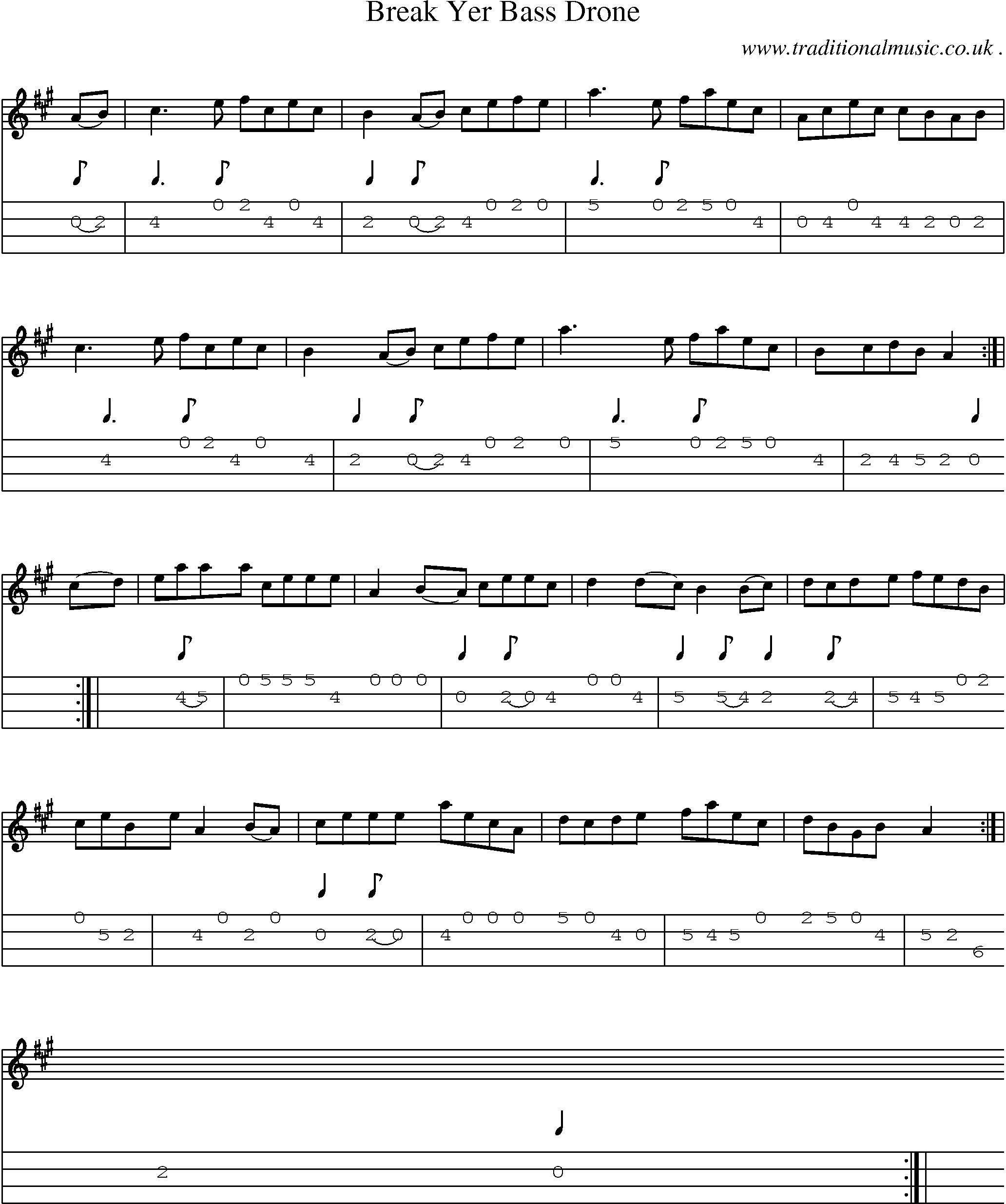 Sheet-music  score, Chords and Mandolin Tabs for Break Yer Bass Drone