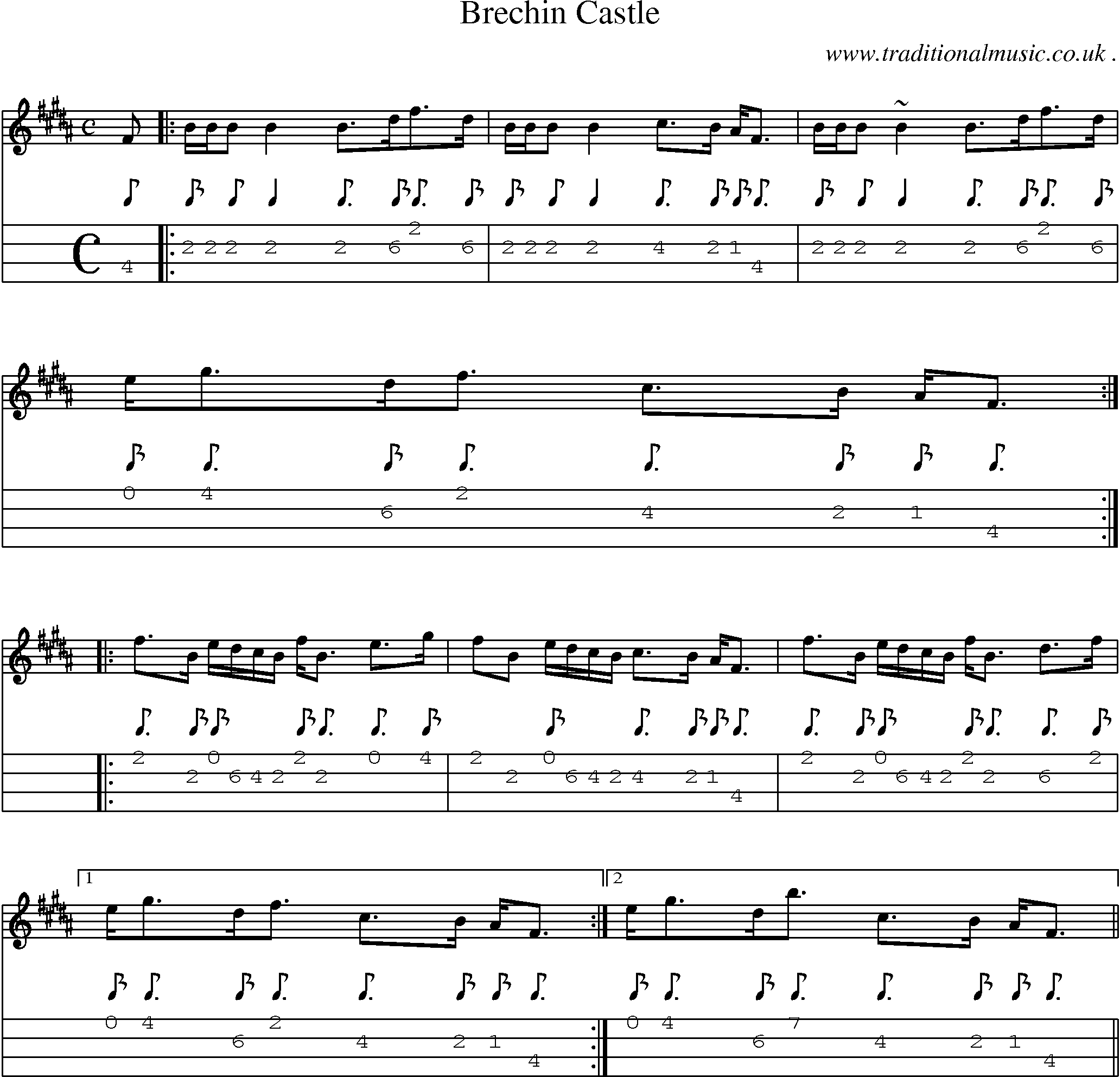 Sheet-music  score, Chords and Mandolin Tabs for Brechin Castle
