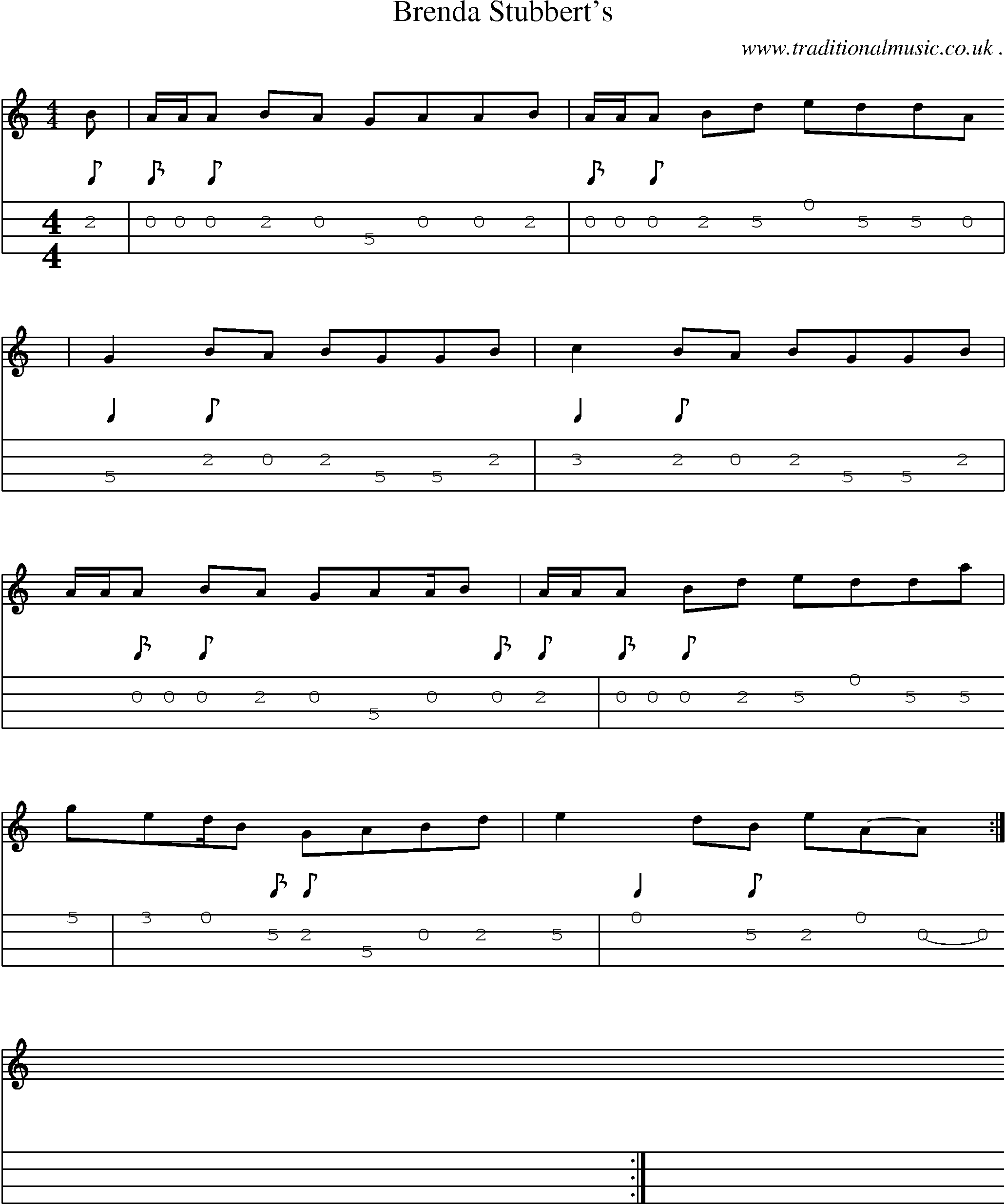 Sheet-music  score, Chords and Mandolin Tabs for Brenda Stubberts