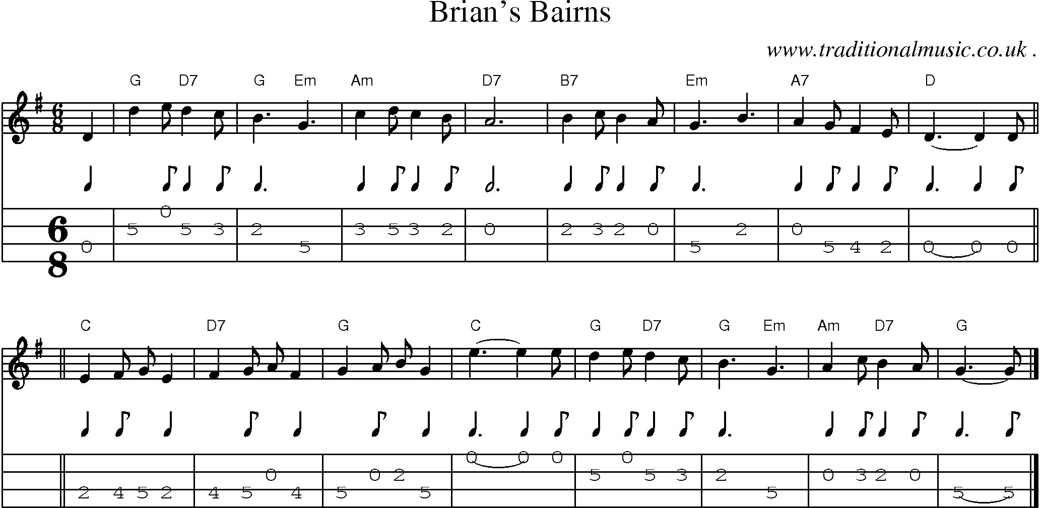 Sheet-music  score, Chords and Mandolin Tabs for Brians Bairns
