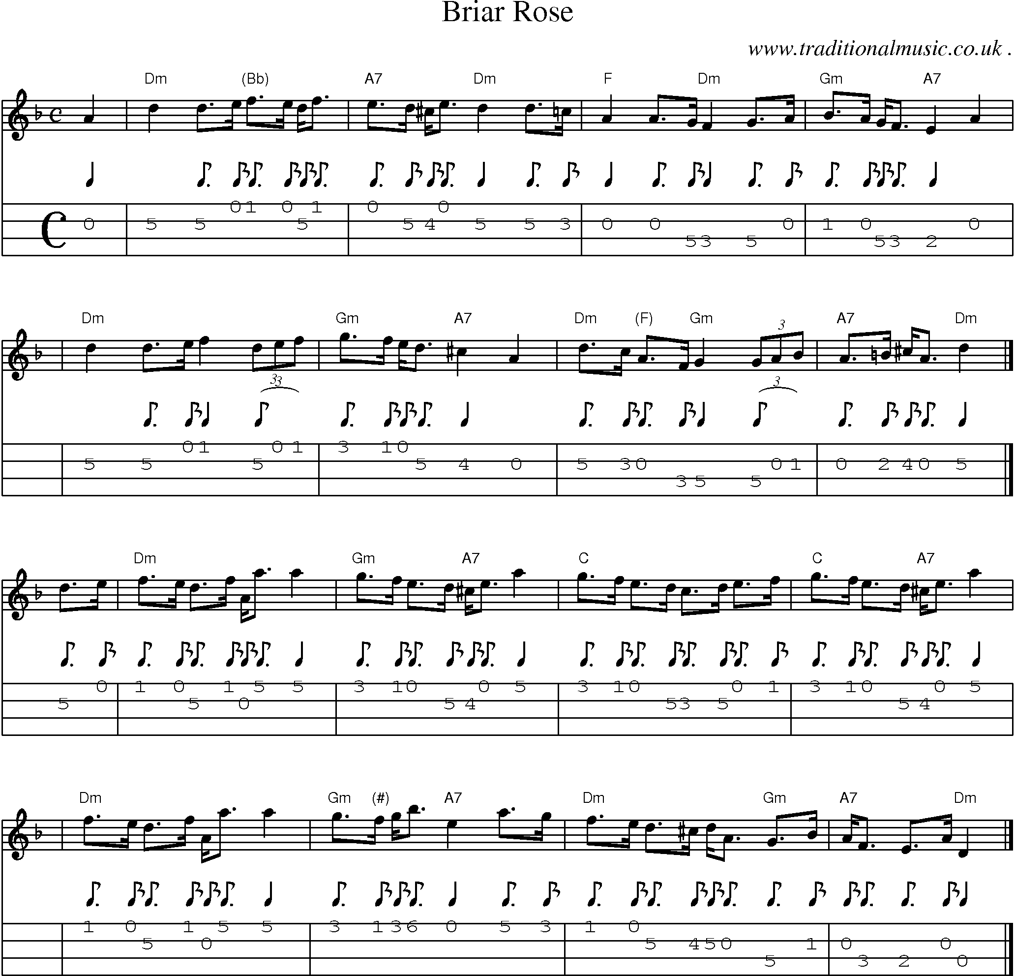 Sheet-music  score, Chords and Mandolin Tabs for Briar Rose