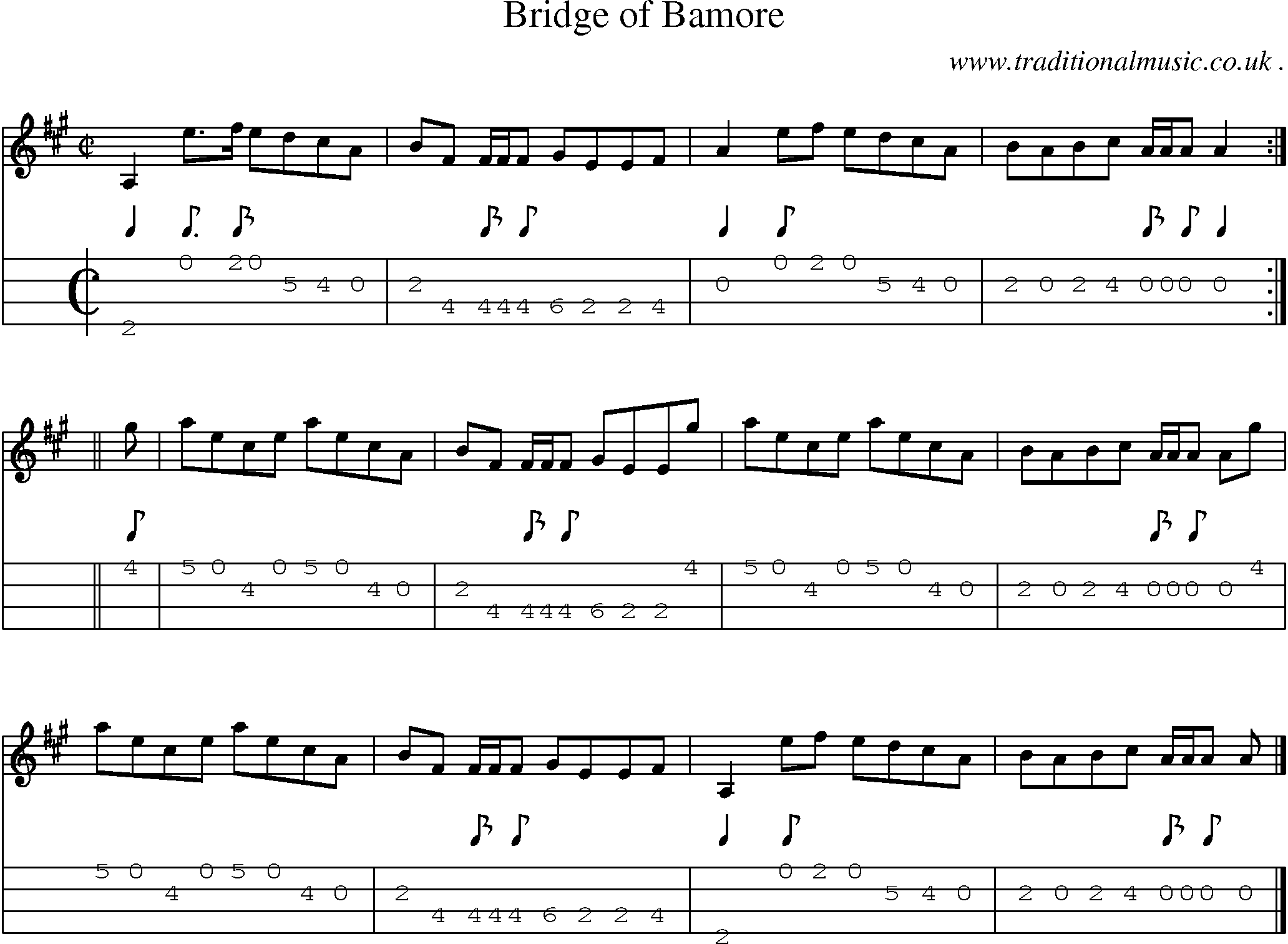 Sheet-music  score, Chords and Mandolin Tabs for Bridge Of Bamore