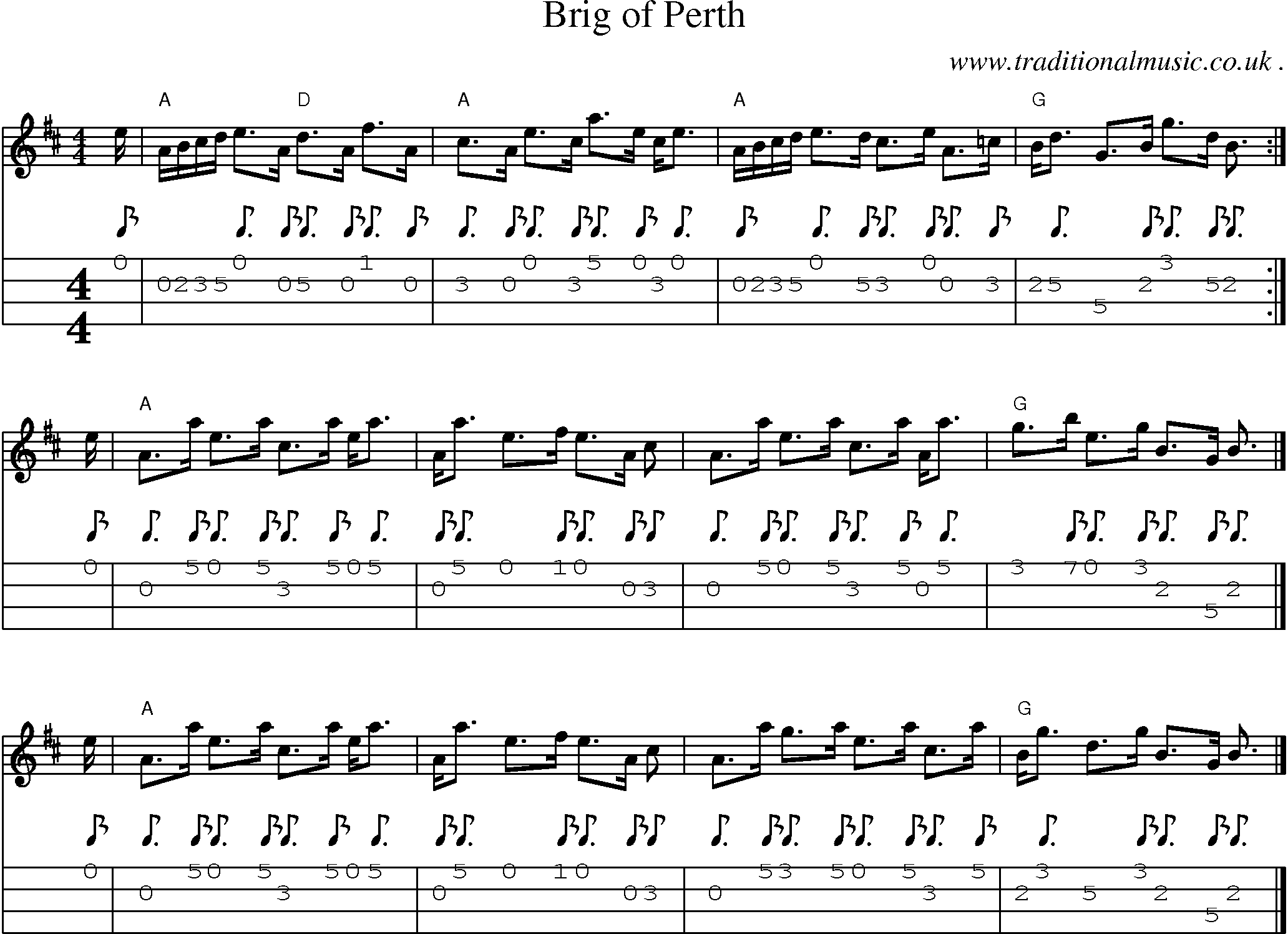 Sheet-music  score, Chords and Mandolin Tabs for Brig Of Perth