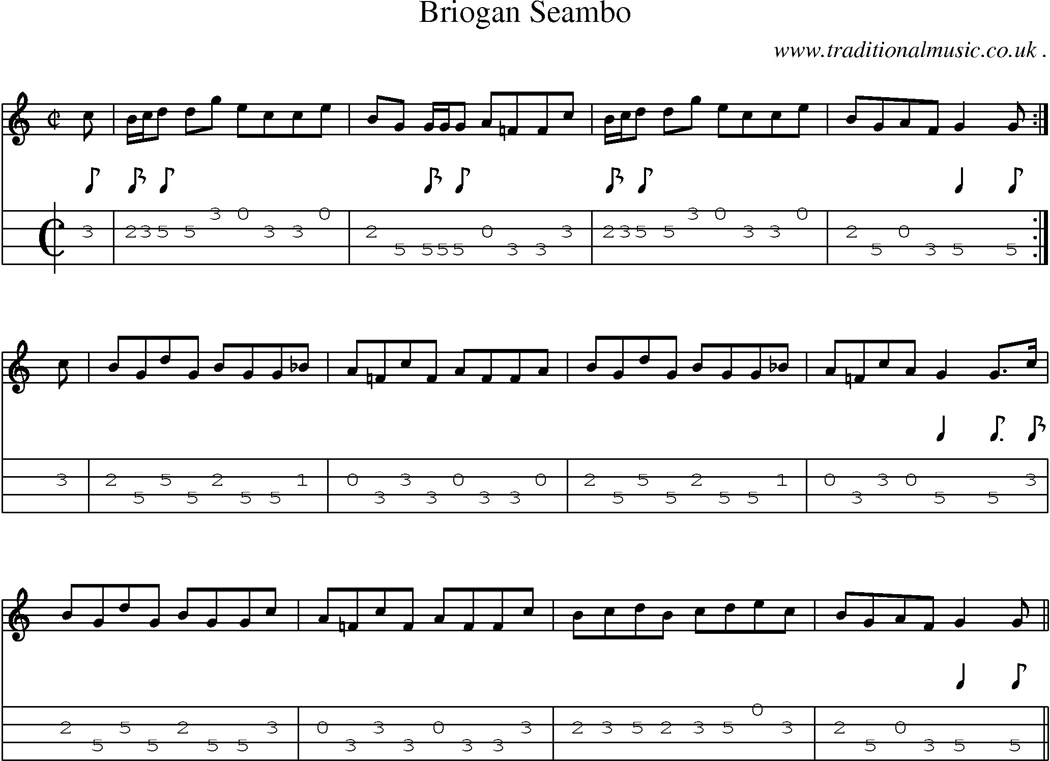 Sheet-music  score, Chords and Mandolin Tabs for Briogan Seambo