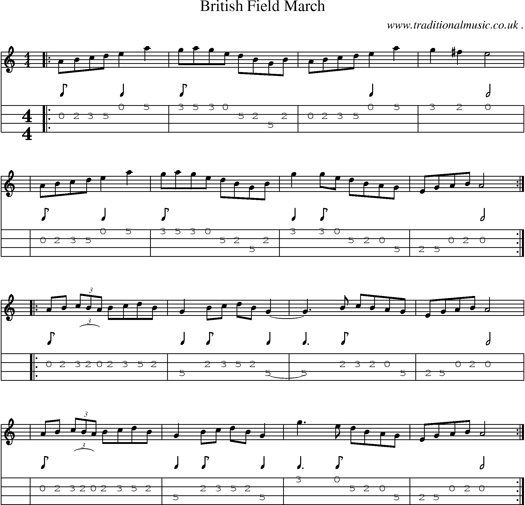 Sheet-music  score, Chords and Mandolin Tabs for British Field March