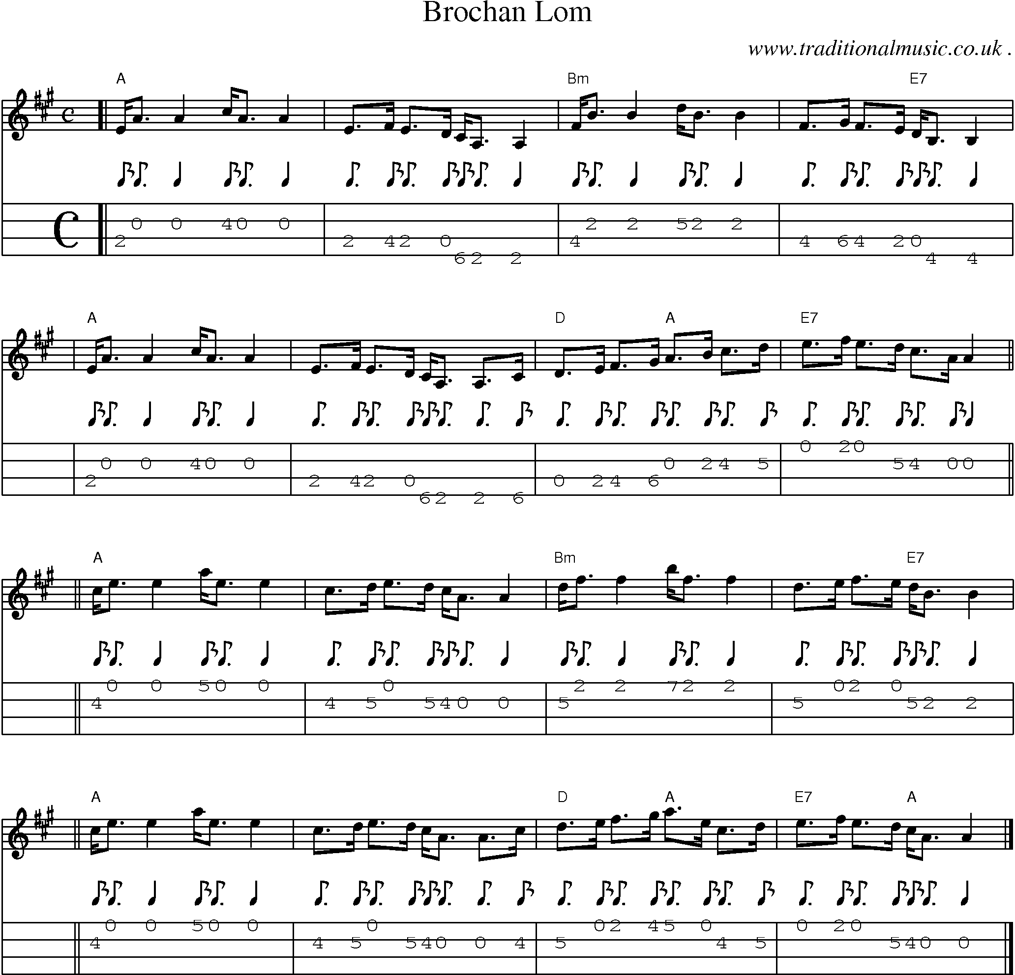 Sheet-music  score, Chords and Mandolin Tabs for Brochan Lom