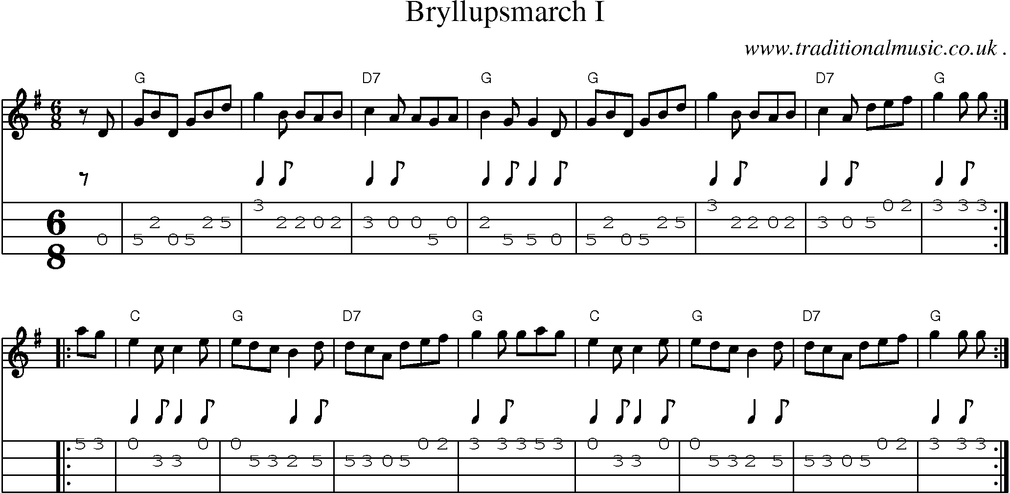 Sheet-music  score, Chords and Mandolin Tabs for Bryllupsmarch I