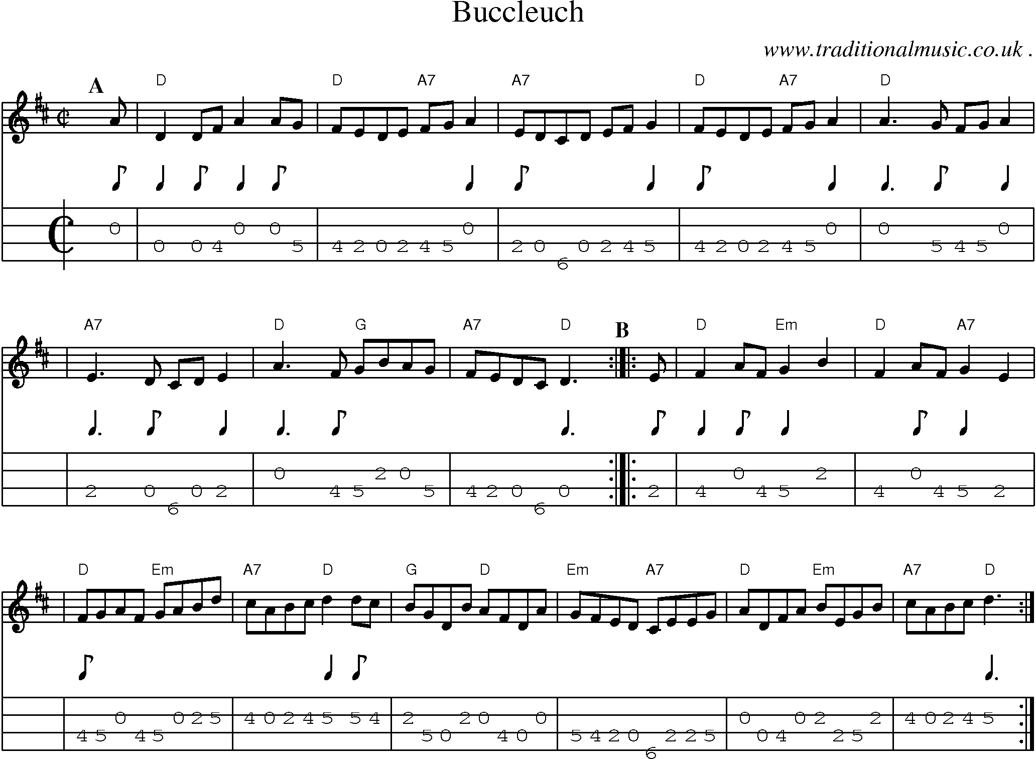 Sheet-music  score, Chords and Mandolin Tabs for Buccleuch