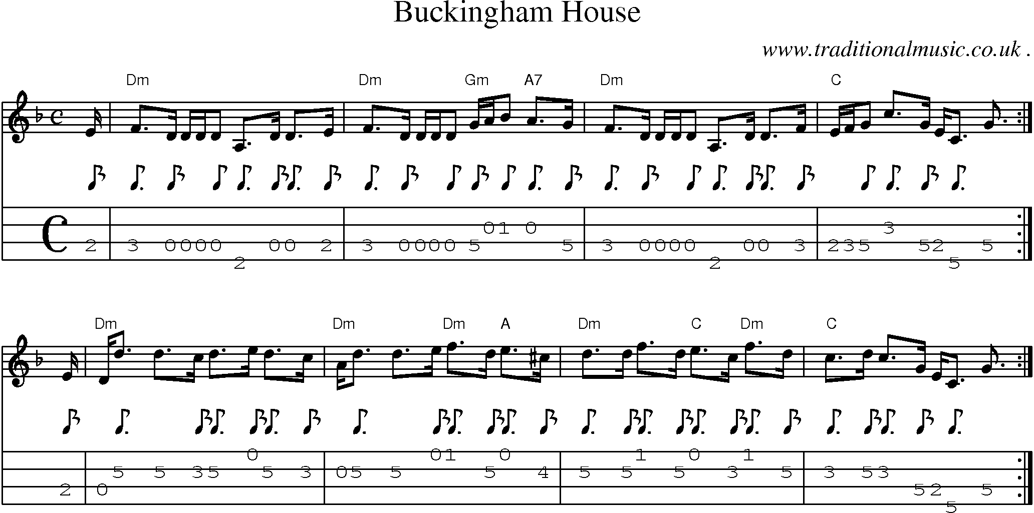 Sheet-music  score, Chords and Mandolin Tabs for Buckingham House