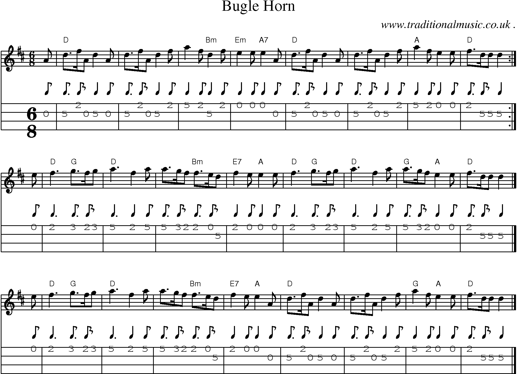 Sheet-music  score, Chords and Mandolin Tabs for Bugle Horn