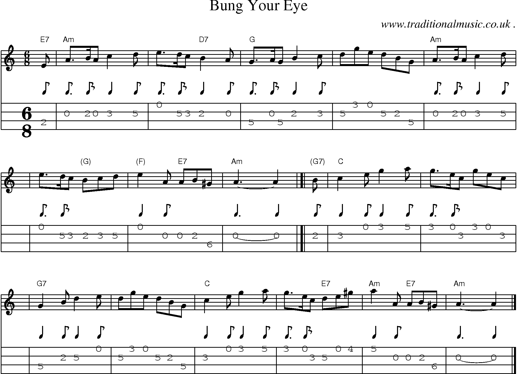 Sheet-music  score, Chords and Mandolin Tabs for Bung Your Eye