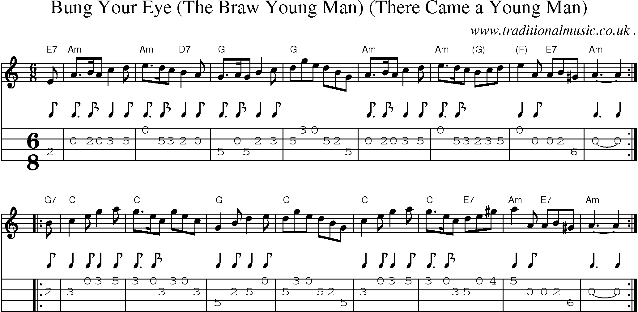 Sheet-music  score, Chords and Mandolin Tabs for Bung Your Eye The Braw Young Man There Came A Young Man