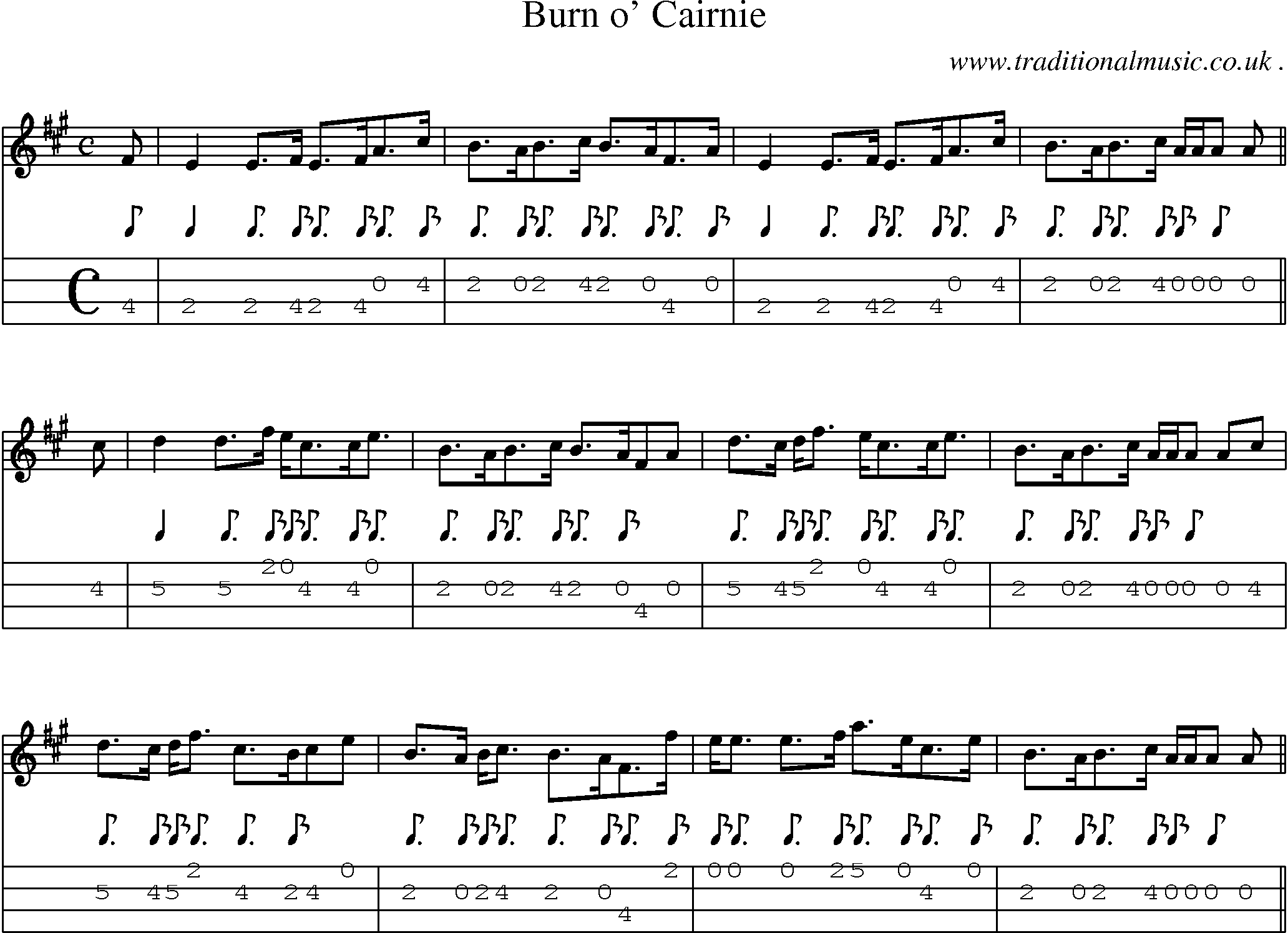 Sheet-music  score, Chords and Mandolin Tabs for Burn O Cairnie