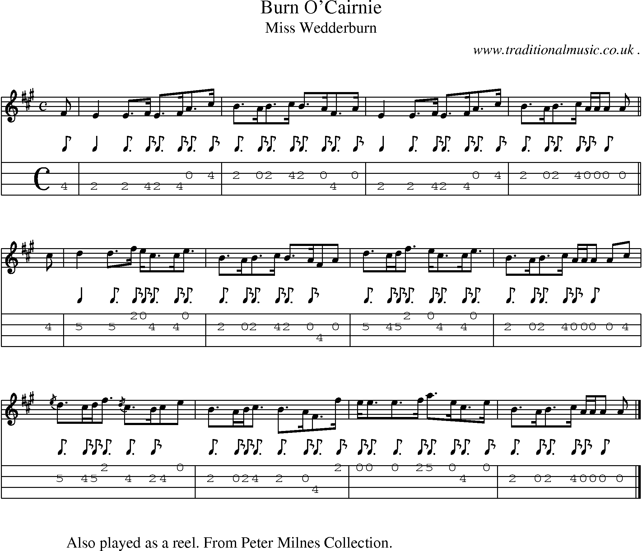 Sheet-music  score, Chords and Mandolin Tabs for Burn Ocairnie