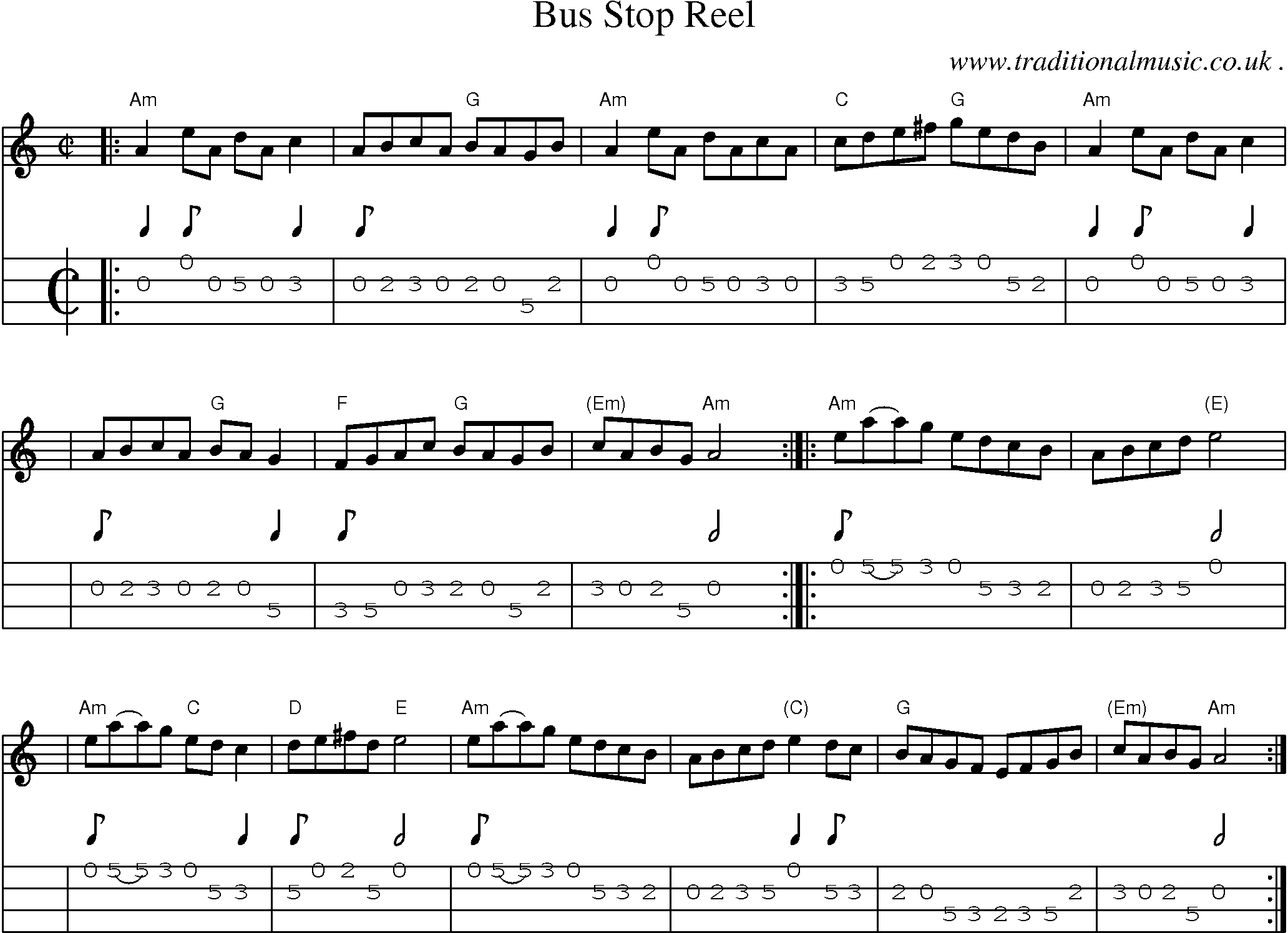 Sheet-music  score, Chords and Mandolin Tabs for Bus Stop Reel