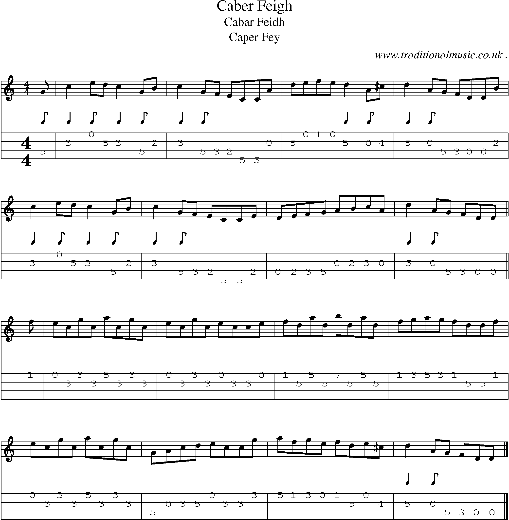 Sheet-music  score, Chords and Mandolin Tabs for Caber Feigh
