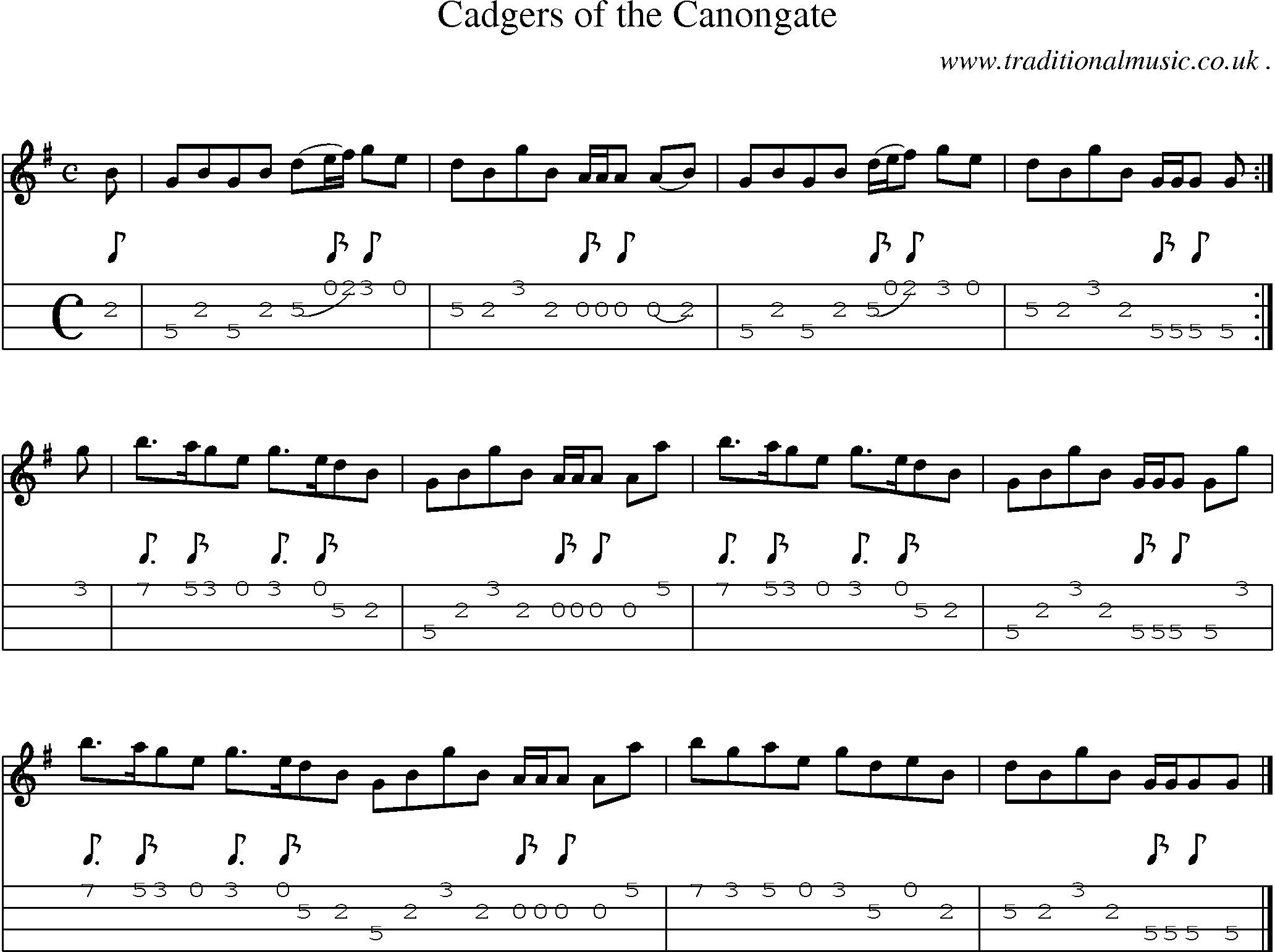 Sheet-music  score, Chords and Mandolin Tabs for Cadgers Of The Canongate