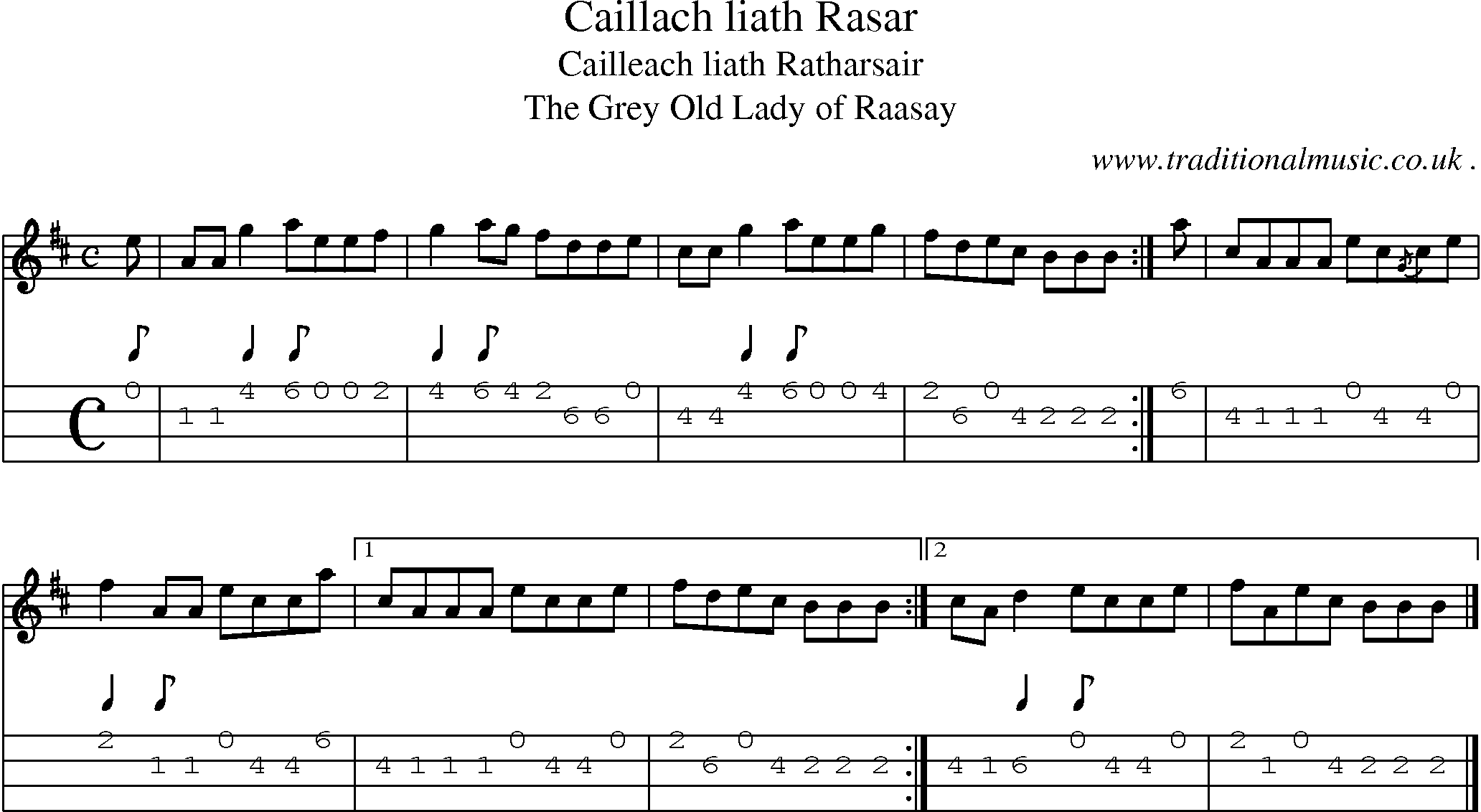 Sheet-music  score, Chords and Mandolin Tabs for Caillach Liath Rasar