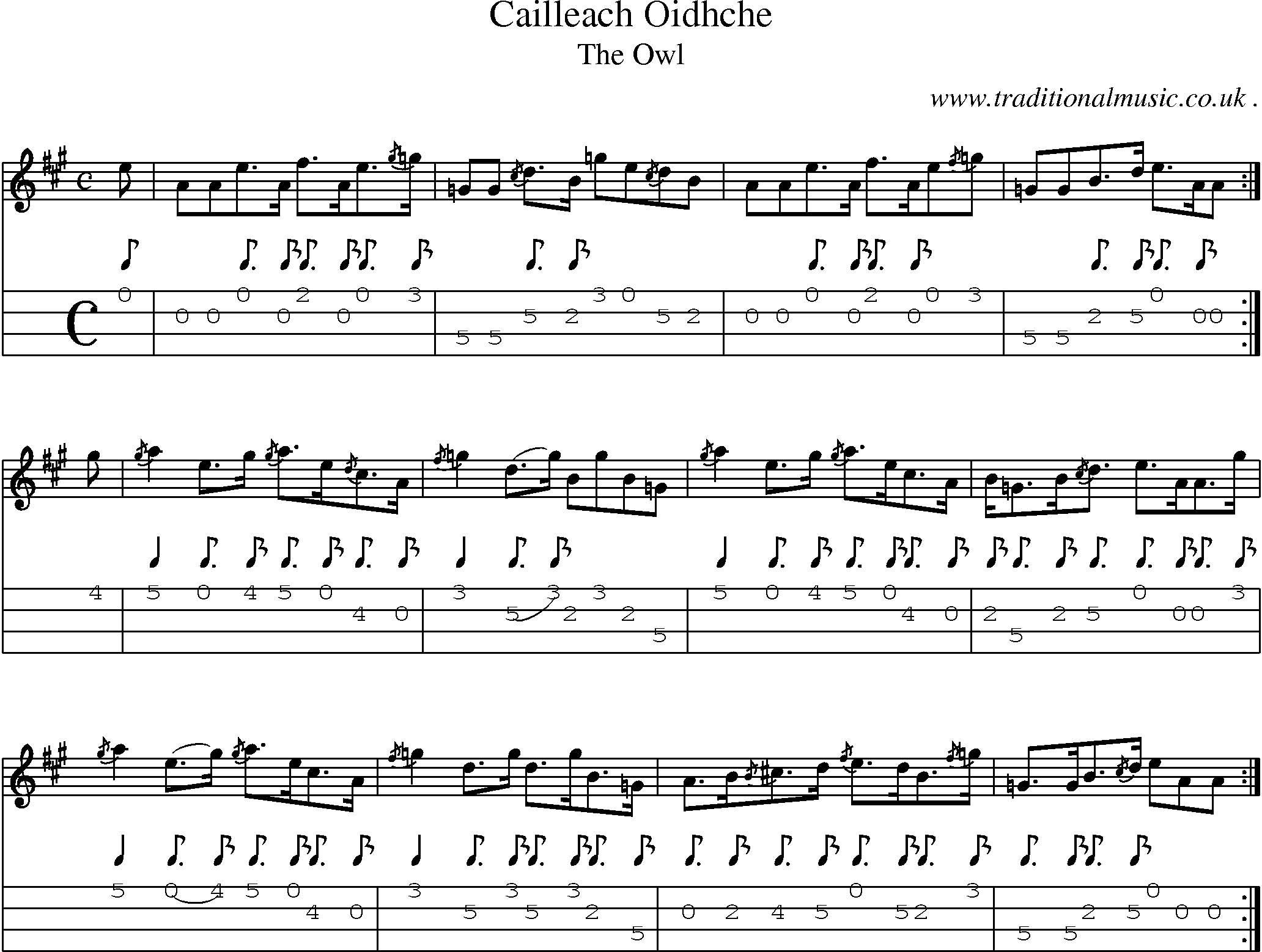 Sheet-music  score, Chords and Mandolin Tabs for Cailleach Oidhche