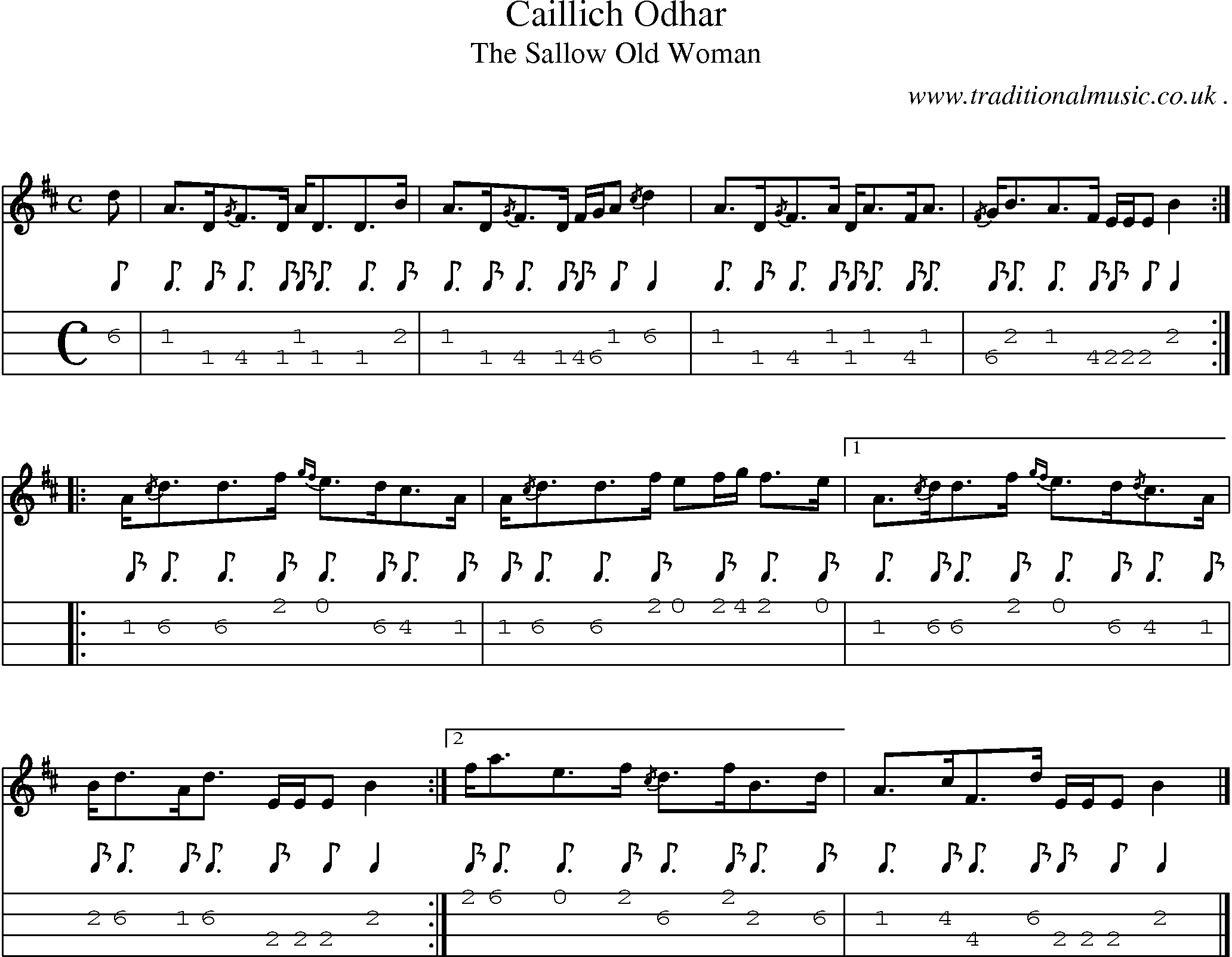 Sheet-music  score, Chords and Mandolin Tabs for Caillich Odhar