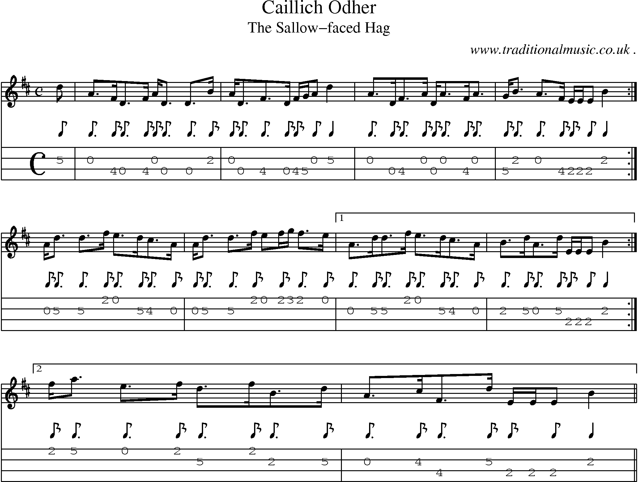 Sheet-music  score, Chords and Mandolin Tabs for Caillich Odher
