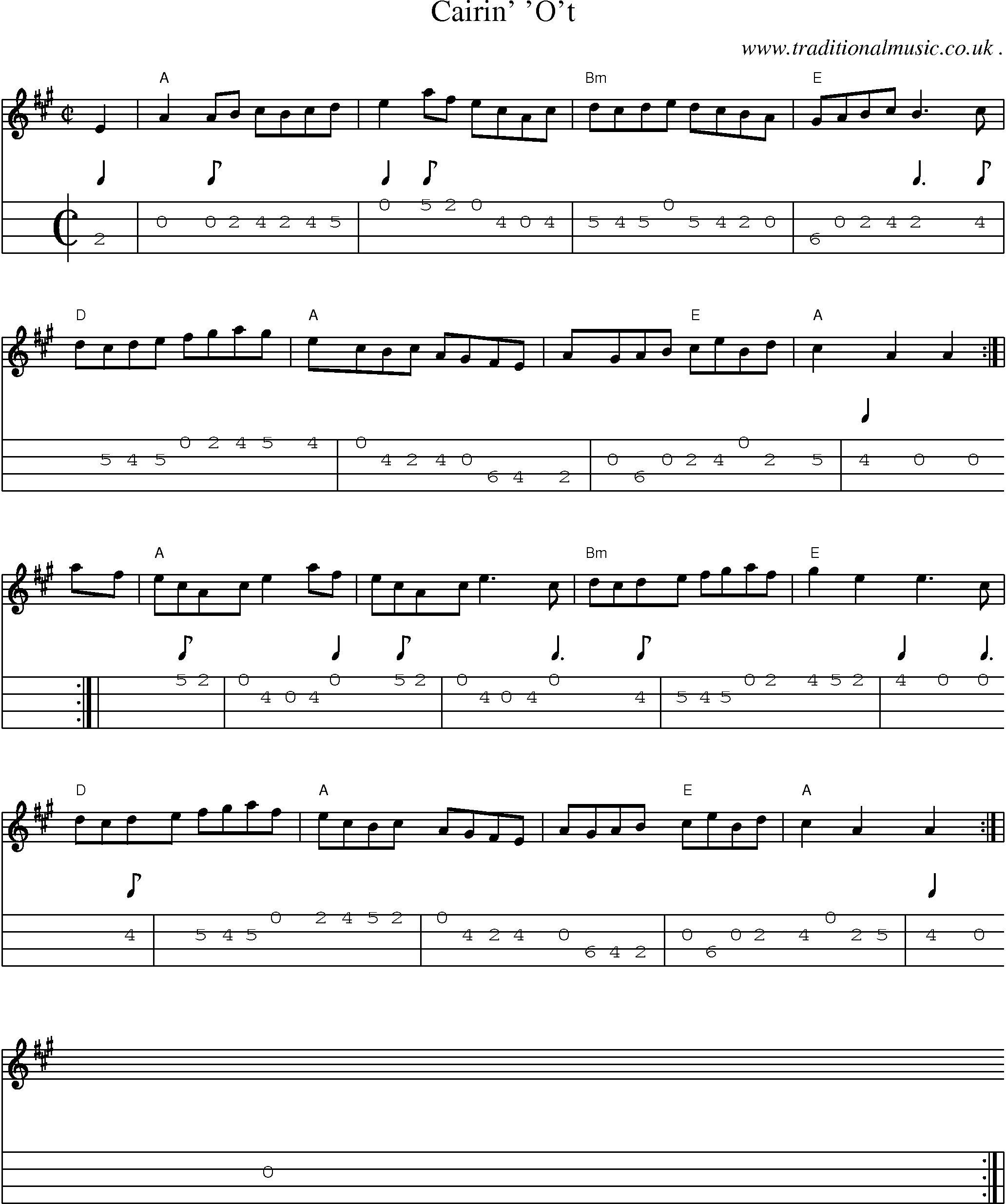 Sheet-music  score, Chords and Mandolin Tabs for Cairin Ot