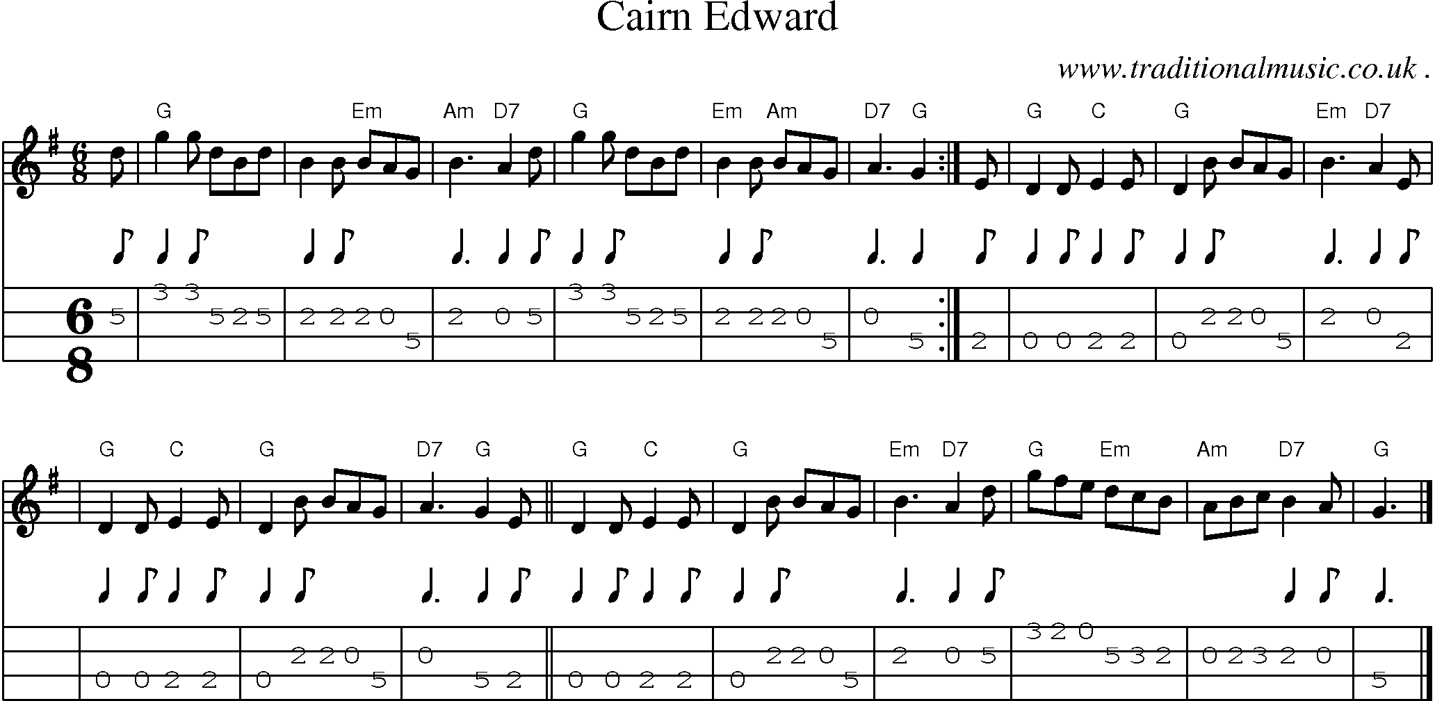 Sheet-music  score, Chords and Mandolin Tabs for Cairn Edward