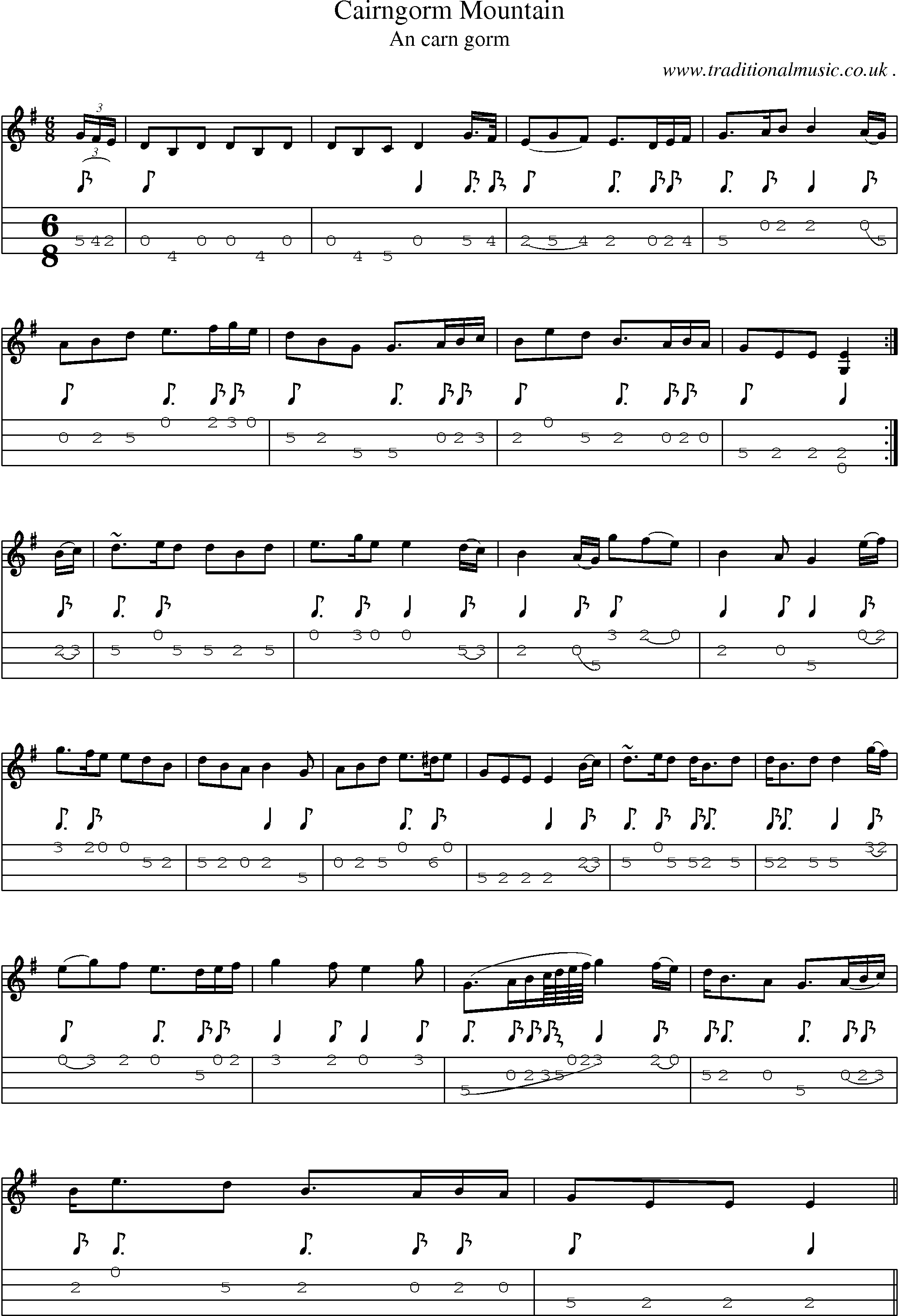 Sheet-music  score, Chords and Mandolin Tabs for Cairngorm Mountain