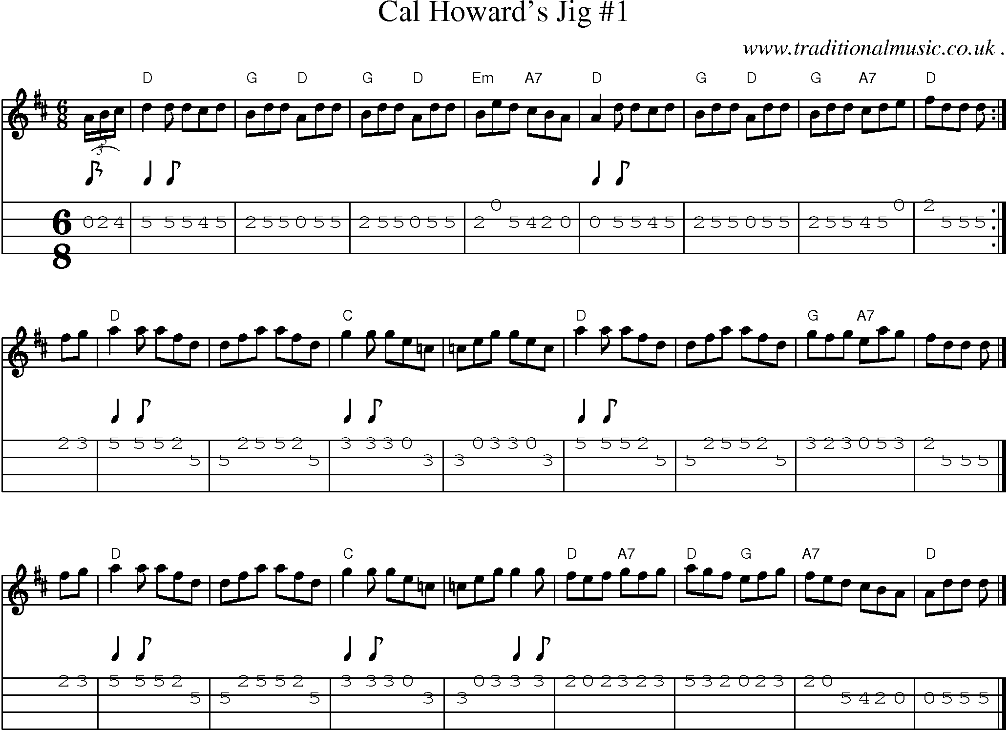 Sheet-music  score, Chords and Mandolin Tabs for Cal Howards Jig 1