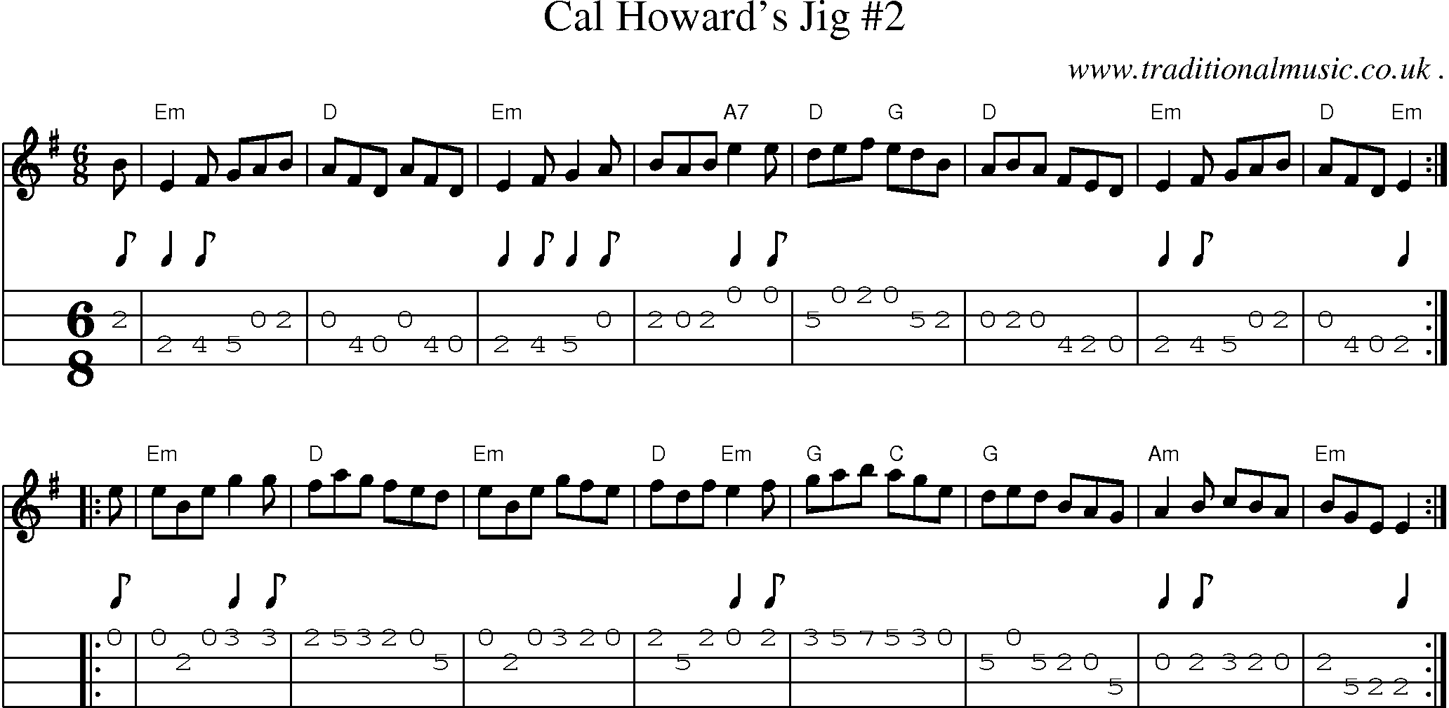 Sheet-music  score, Chords and Mandolin Tabs for Cal Howards Jig 2