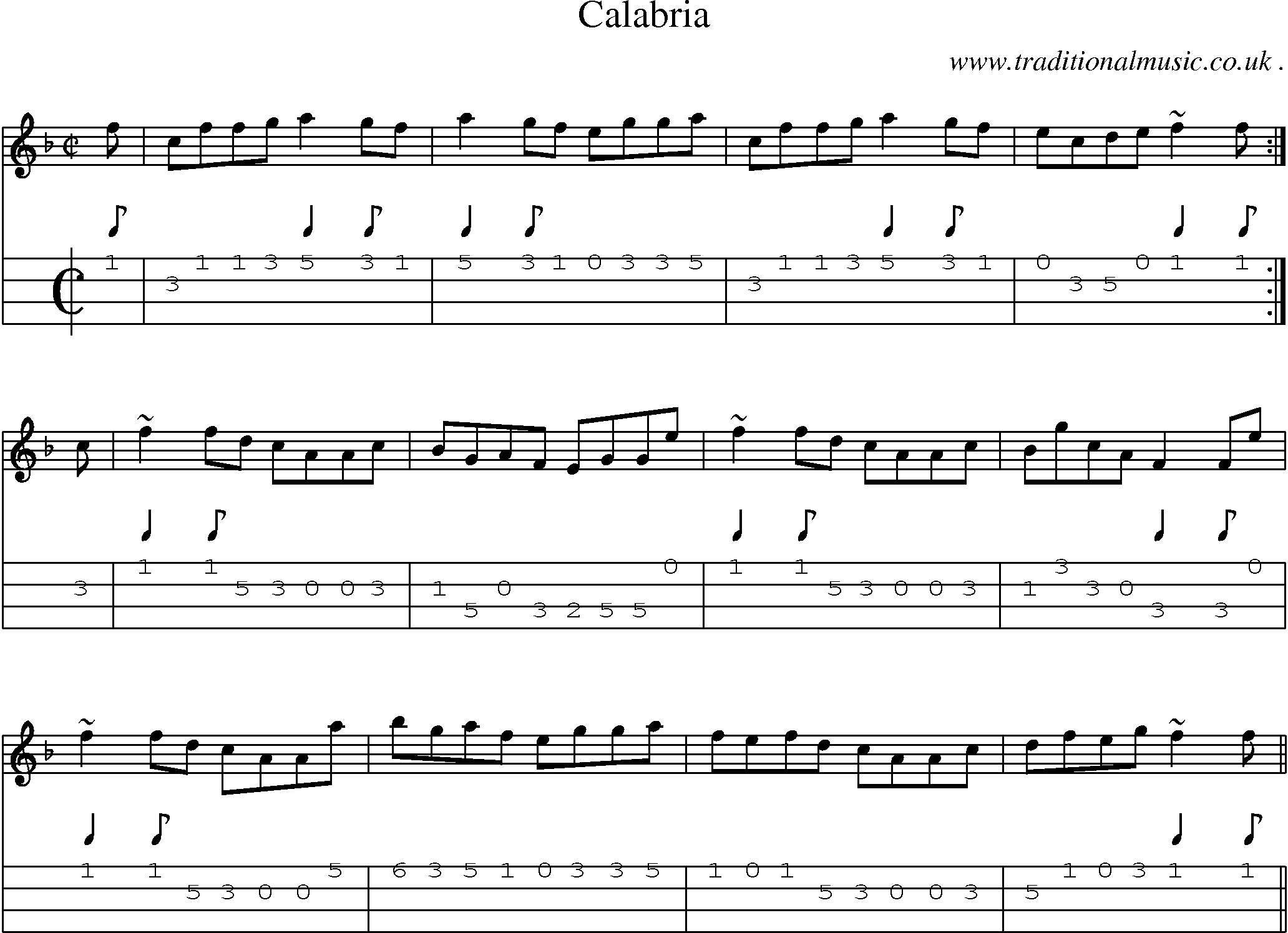 Sheet-music  score, Chords and Mandolin Tabs for Calabria