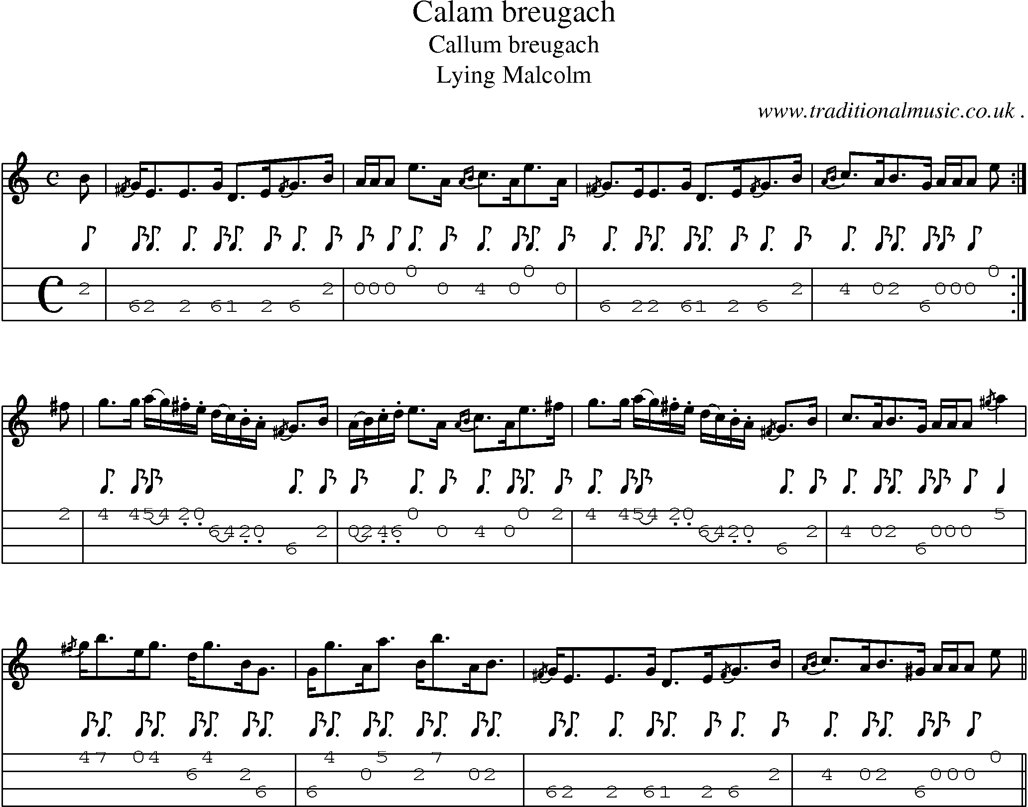 Sheet-music  score, Chords and Mandolin Tabs for Calam Breugach